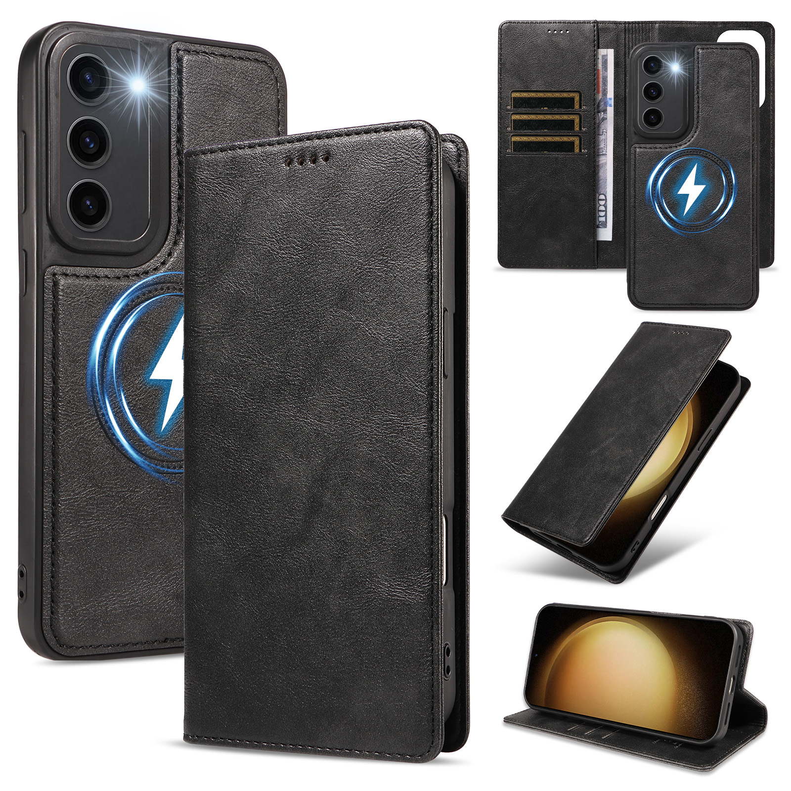 For Samsung Galaxy S23+ Magnetic Case Detachable 2 in 1 Leather Wallet Phone Cover - Black