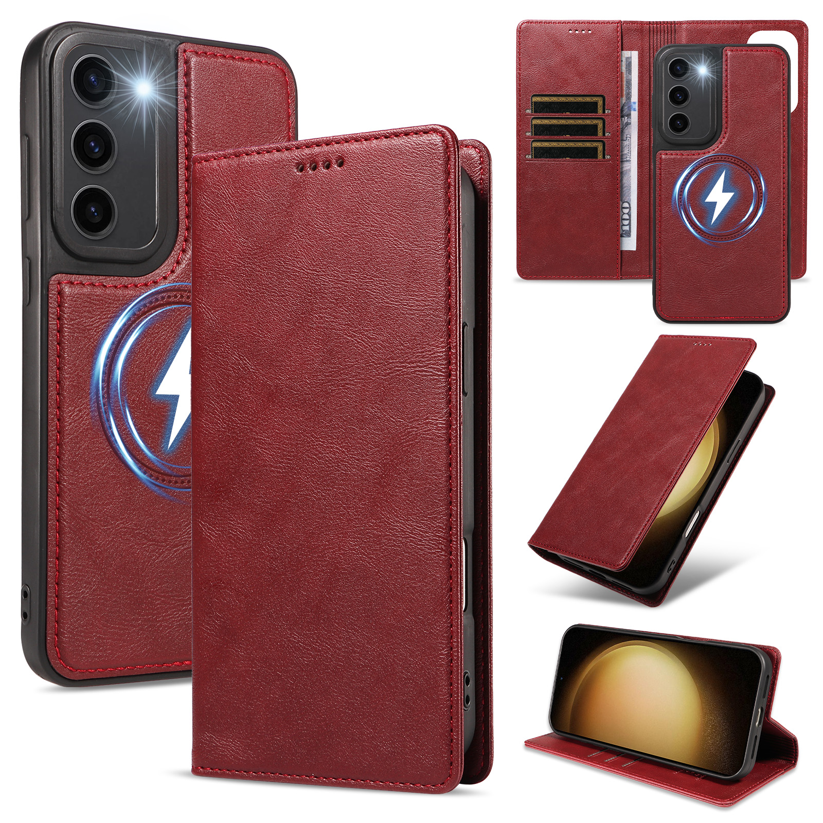 For Samsung Galaxy S23+ Magnetic Case Detachable 2 in 1 Leather Wallet Phone Cover - Red