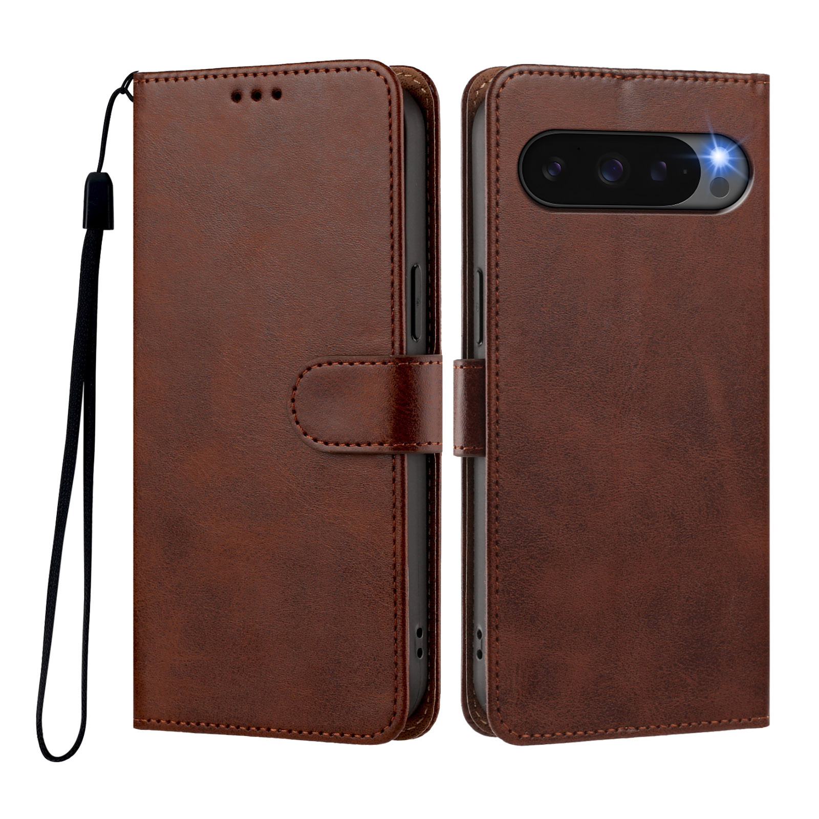 For Google Pixel 10 / Google Pixel 9 / Google Pixel 9 Pro / Google Pixel 10 Pro Case Wallet Flip Stand PU Leather Phone Cover with Wrist Strap - Brown