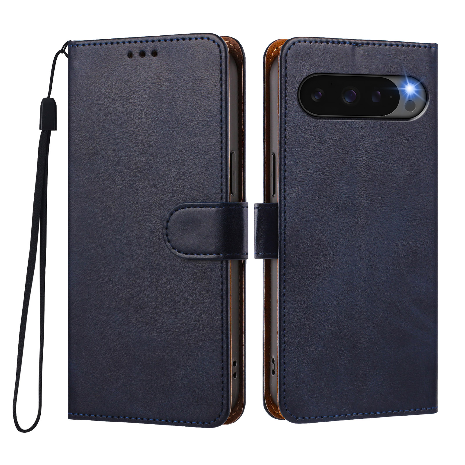 For Google Pixel 10 / Google Pixel 9 / Google Pixel 9 Pro / Google Pixel 10 Pro Case Wallet Flip Stand PU Leather Phone Cover with Wrist Strap - Dark Blue