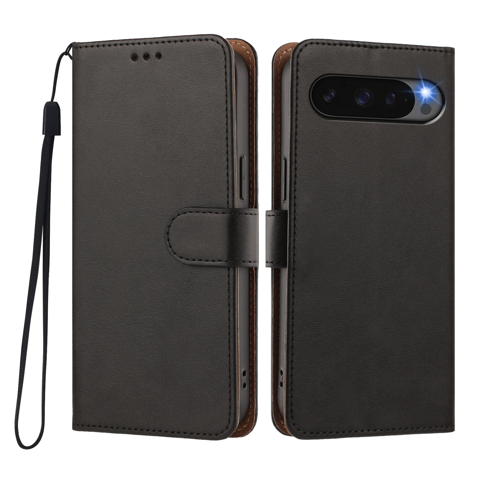 For Google Pixel 10 / Google Pixel 9 / Google Pixel 9 Pro / Google Pixel 10 Pro Case Wallet Flip Stand PU Leather Phone Cover with Wrist Strap - Black