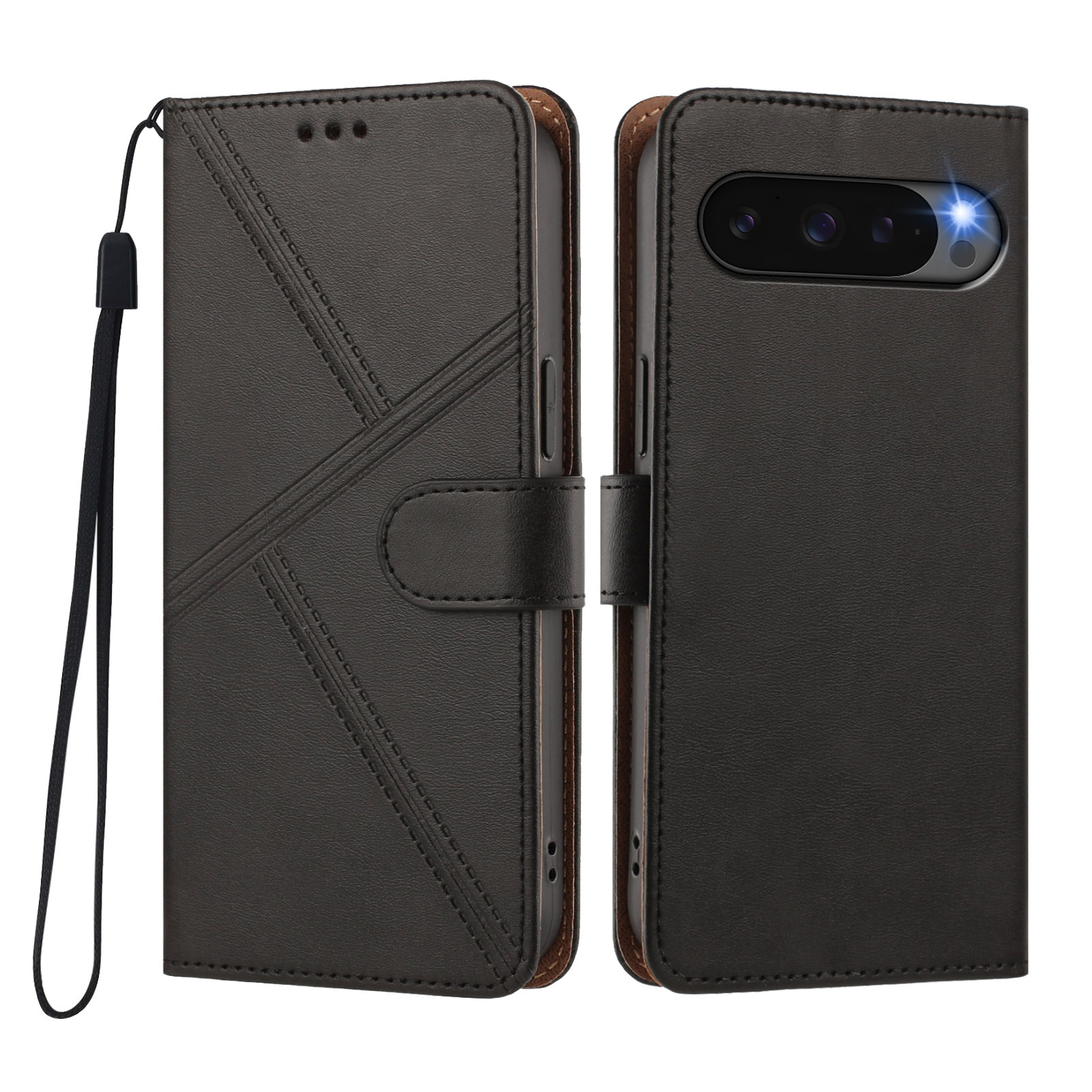 For Google Pixel 10 / Google Pixel 9 / Google Pixel 9 Pro / Google Pixel 10 Pro Case Diamond Stitch PU Leather Wallet Flip Phone Cover with Wrist Strap - Black