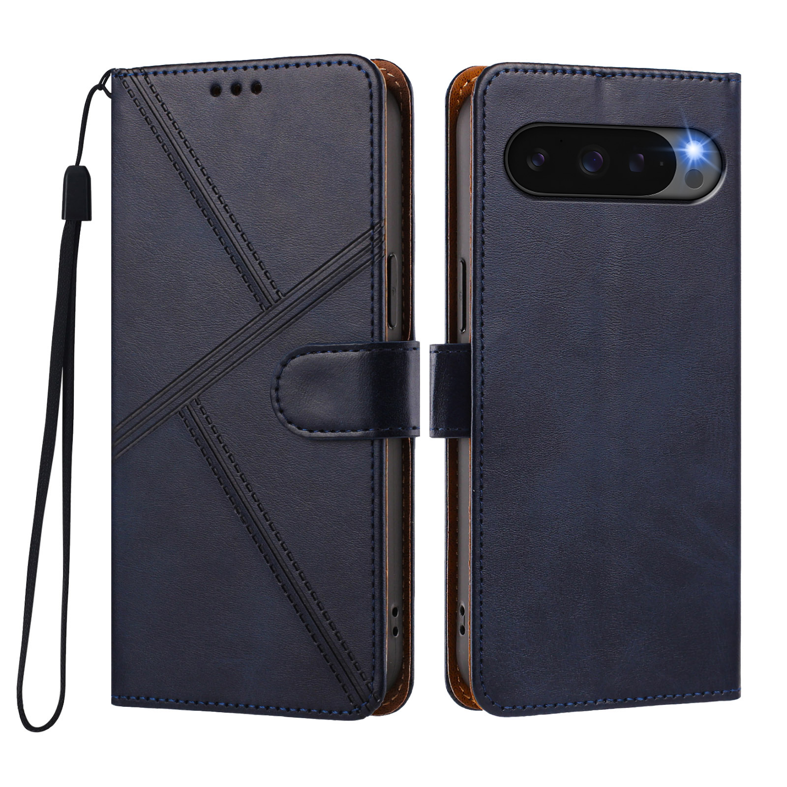 For Google Pixel 10 / Google Pixel 9 / Google Pixel 9 Pro / Google Pixel 10 Pro Case Diamond Stitch PU Leather Wallet Flip Phone Cover with Wrist Strap - Dark Blue