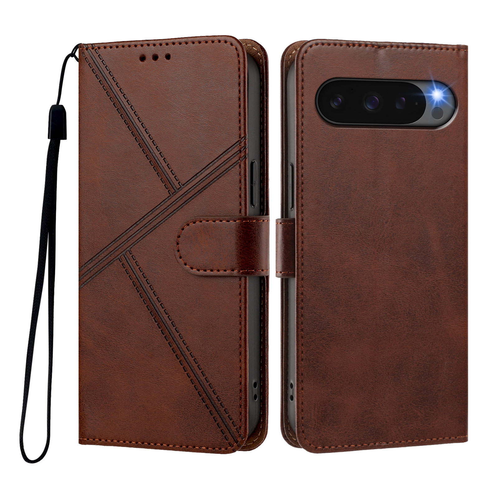 For Google Pixel 10 / Google Pixel 9 / Google Pixel 9 Pro / Google Pixel 10 Pro Case Diamond Stitch PU Leather Wallet Flip Phone Cover with Wrist Strap - Brown