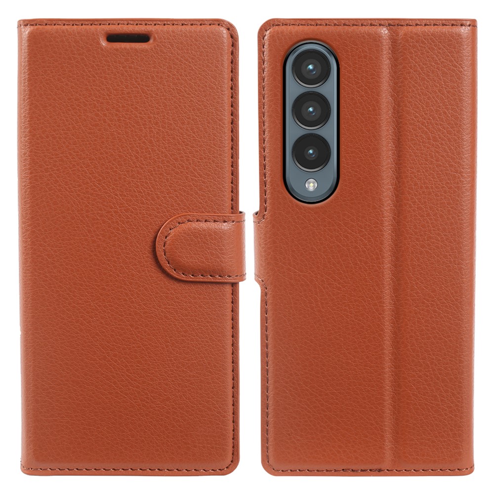For Samsung Galaxy Z Fold4 5G Case Wallet Stand Litchi Texture Shockproof Leather Phone Cover - Brown
