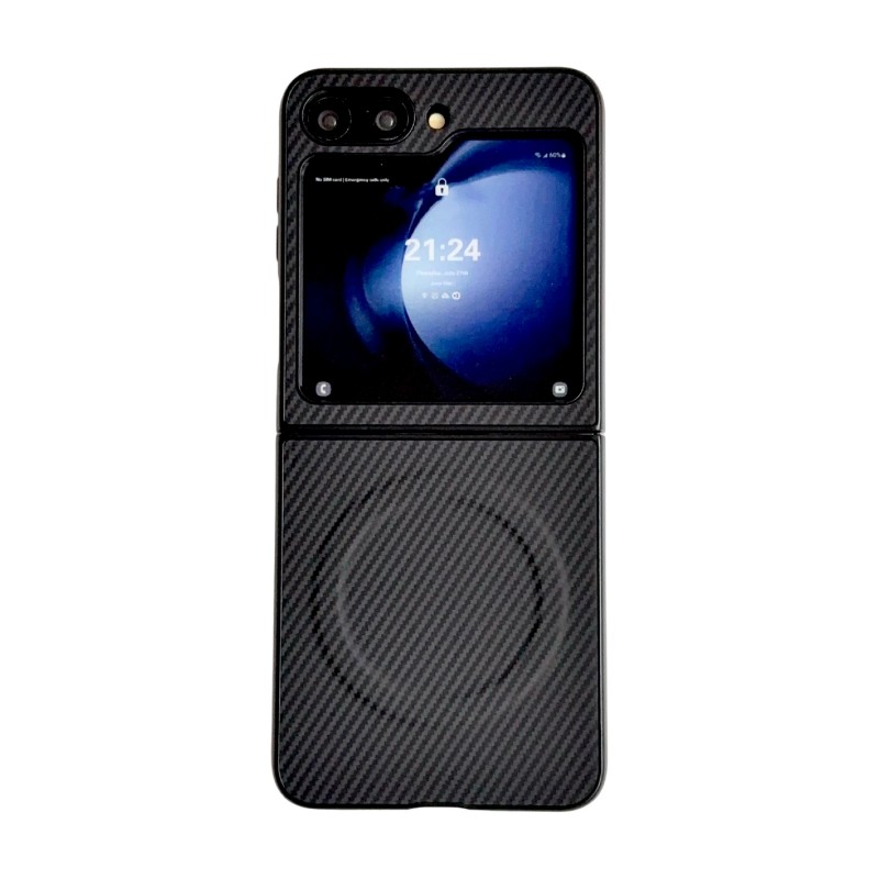 WANLONFENG for Samsung Galaxy Z Flip5 5G TQ Series Magnetic Case Carbon Fiber Texture PC TPU Phone Cover (Big Lens Hole) - Black