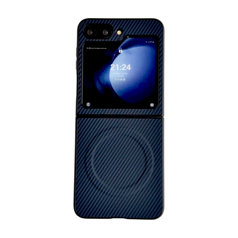 WANLONFENG for Samsung Galaxy Z Flip5 5G TQ Series Magnetic Case Carbon Fiber Texture PC TPU Phone Cover (Big Lens Hole) - Sapphire