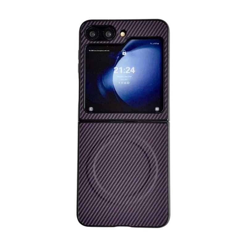 WANLONFENG for Samsung Galaxy Z Flip5 5G TQ Series Magnetic Case Carbon Fiber Texture PC TPU Phone Cover (Big Lens Hole) - Purple