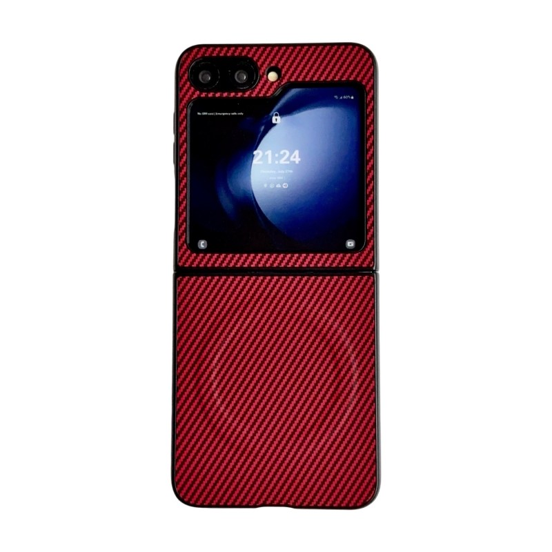 WANLONFENG for Samsung Galaxy Z Flip5 5G TQ Series Magnetic Case Carbon Fiber Texture PC TPU Phone Cover (Big Lens Hole) - Red