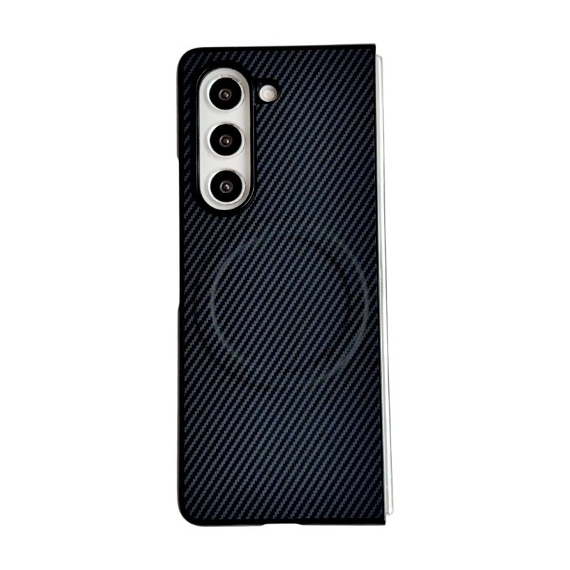 WANLONFENG for Samsung Galaxy Z Fold5 5G TQ Series Magnetic Case Carbon Fiber Texture PC TPU Phone Cover (Big Lens Hole) - Black
