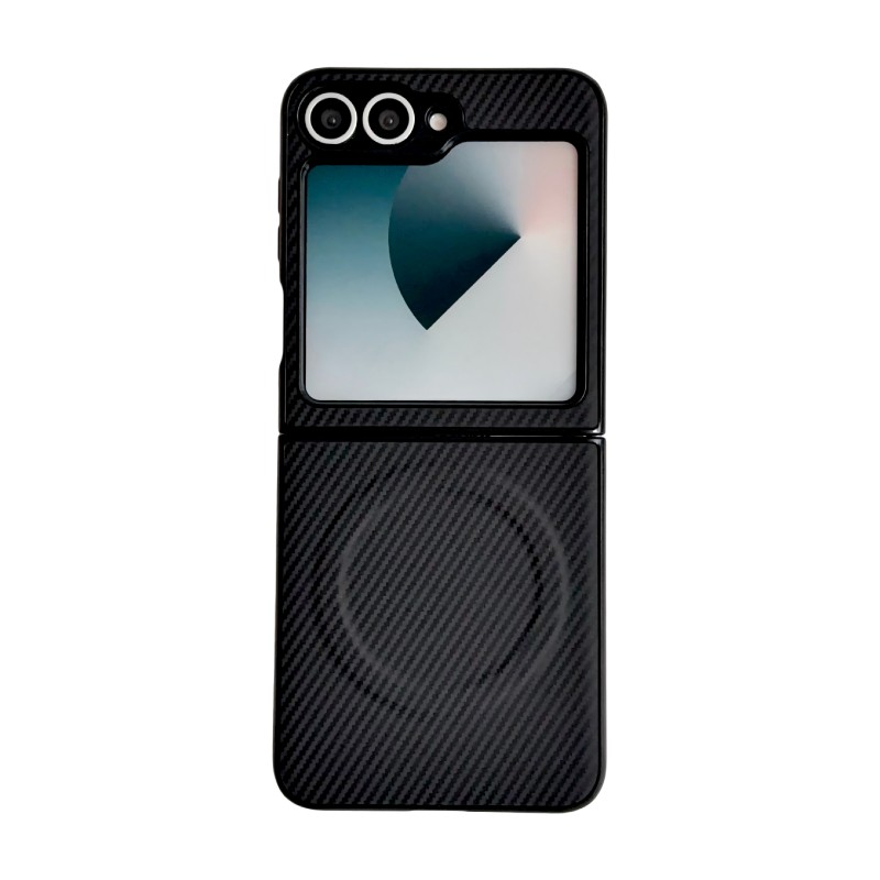 WANLONFENG for Samsung Galaxy Z Flip6 5G TQ Series Magnetic Case Carbon Fiber Texture PC TPU Phone Cover (Big Lens Hole) - Black