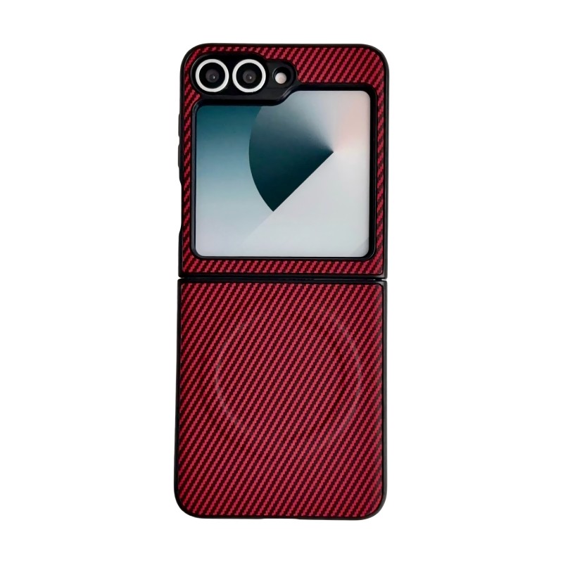 WANLONFENG for Samsung Galaxy Z Flip6 5G TQ Series Magnetic Case Carbon Fiber Texture PC TPU Phone Cover (Big Lens Hole) - Red