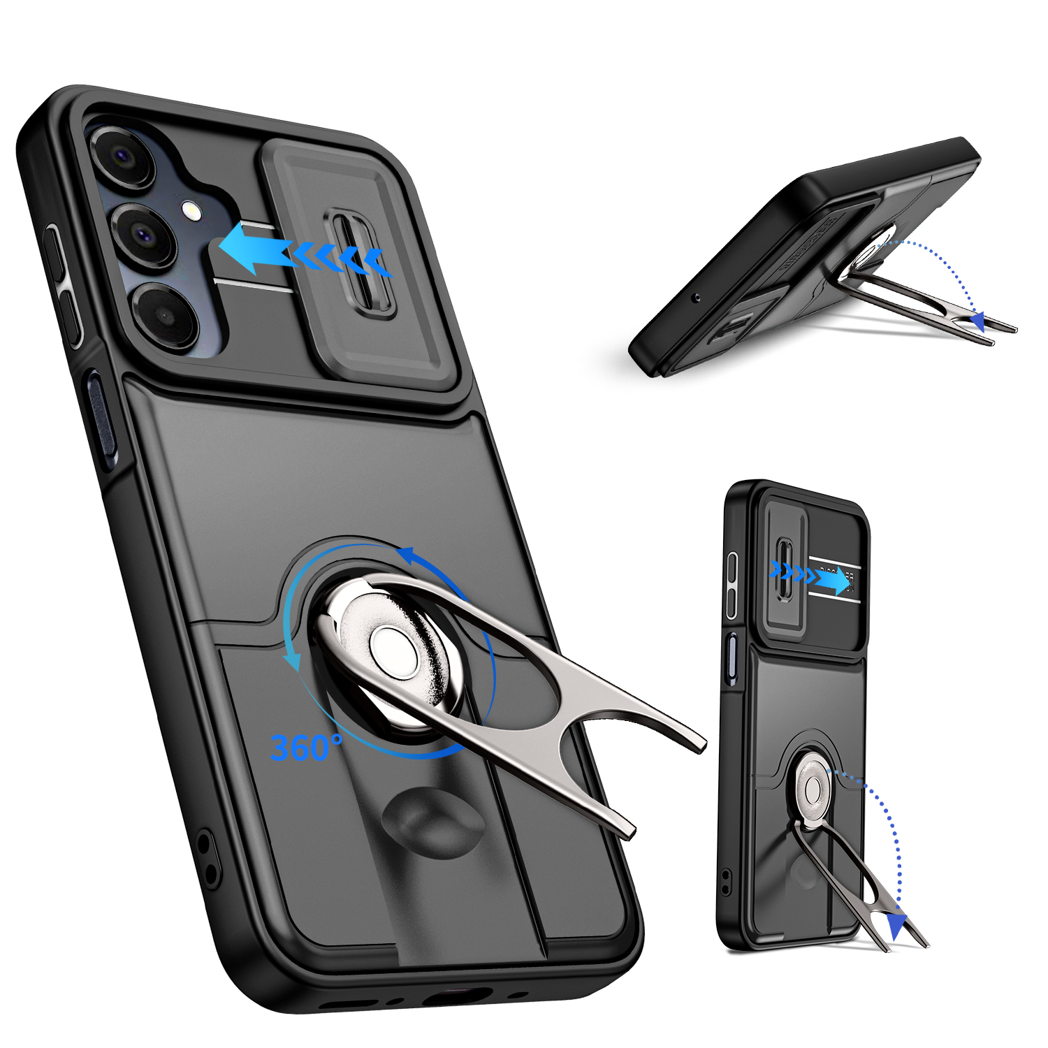 For Samsung Galaxy A25 5G (Global) (161mm) Case with Slide Camera Cover Kickstand PC + TPU Protective Phone Shell - Black