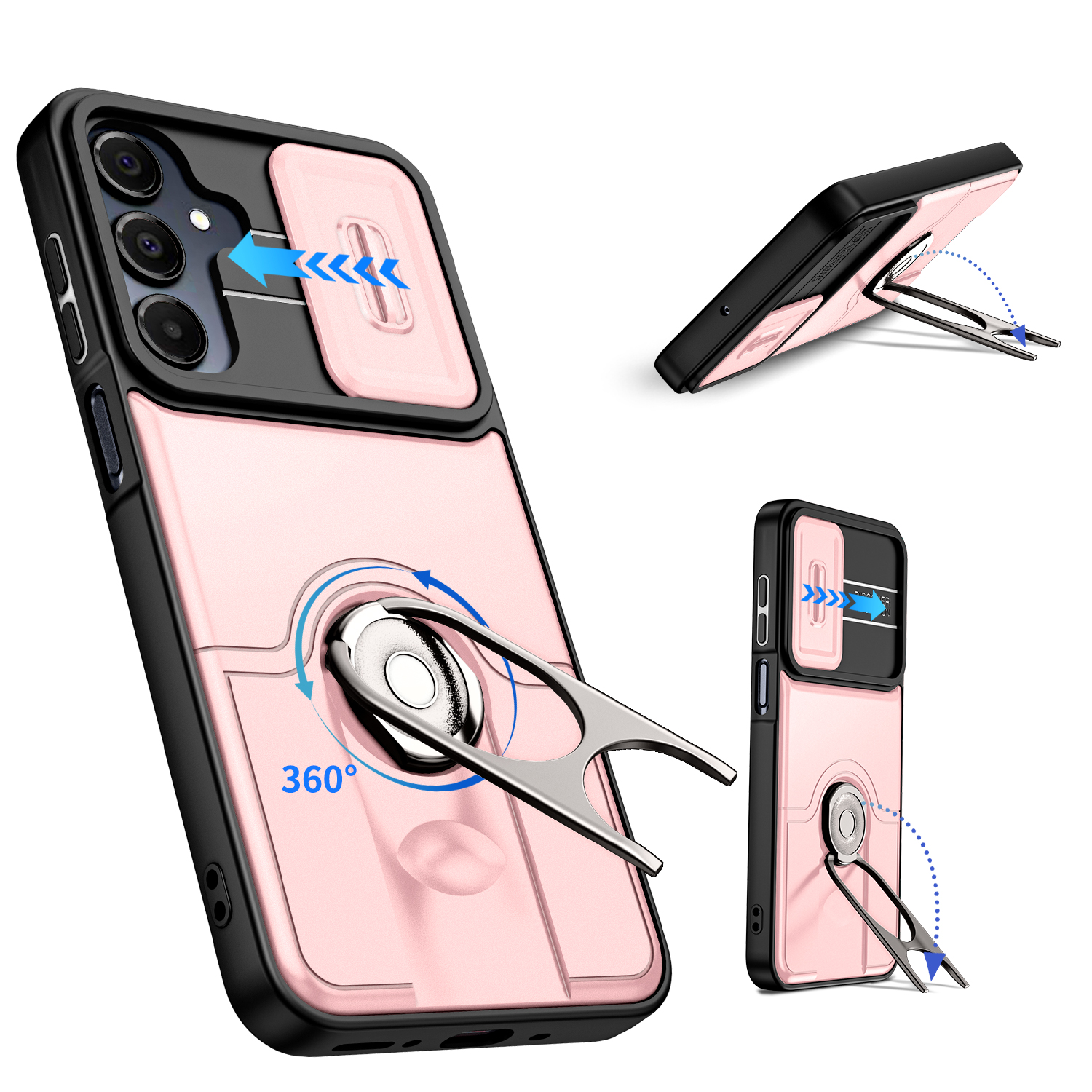 For Samsung Galaxy A25 5G (Global) (161mm) Case with Slide Camera Cover Kickstand PC + TPU Protective Phone Shell - Pink