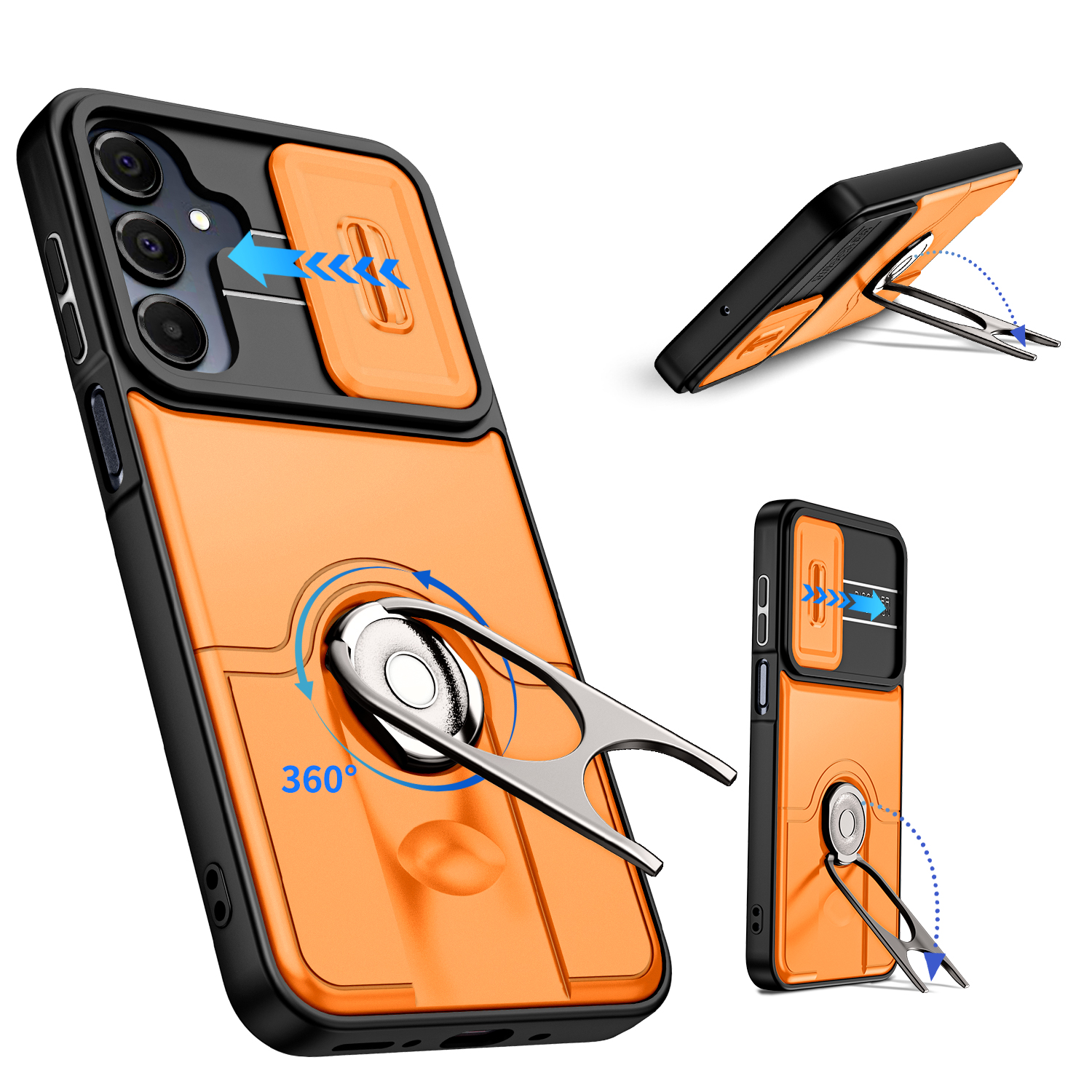 For Samsung Galaxy A55 5G / Galaxy A35 5G Case with Slide Camera Cover Kickstand PC + TPU Protective Phone Shell - Orange