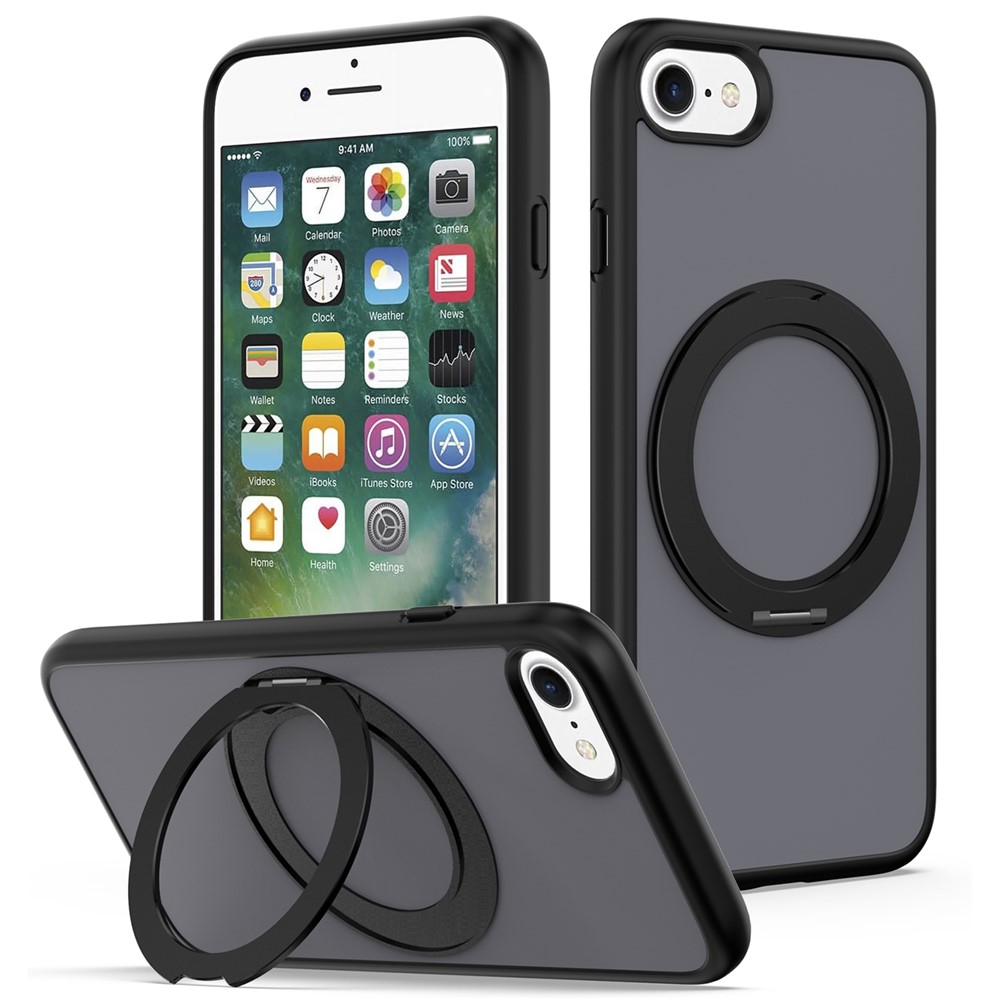 For iPhone SE (2022)  /  SE (2020)  /  iPhone 8 4.7 inch  /  iPhone 7 4.7 inch Case with Rotating Magnetic Kickstand PC + TPU Skin-Touch Phone Cover - Black