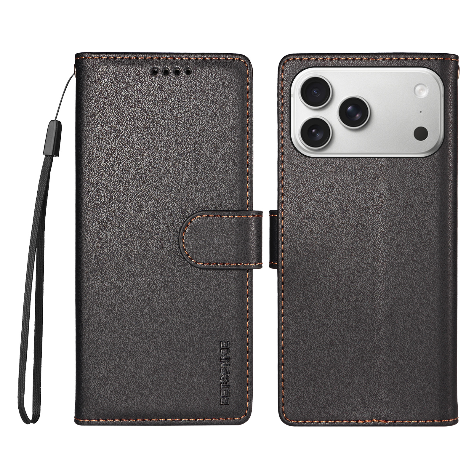 BETOPNICE for iPhone 18 Pro Max / iPhone 17 Pro Max 006 Case RFID Blocking Wallet Stand Leather Phone Cover with Wrist Strap - Black