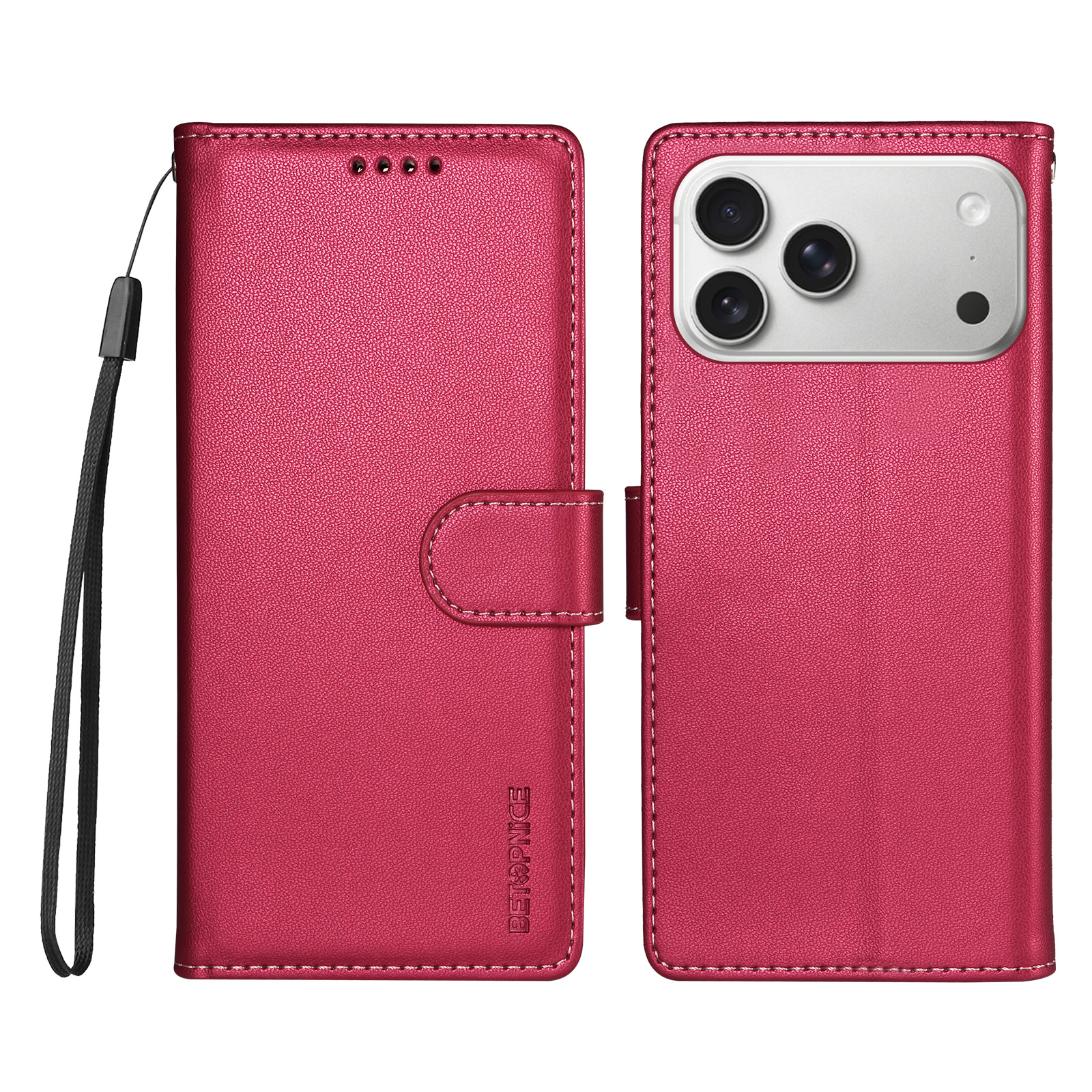 BETOPNICE for iPhone 18 Pro Max / iPhone 17 Pro Max 006 Case RFID Blocking Wallet Stand Leather Phone Cover with Wrist Strap - Rose