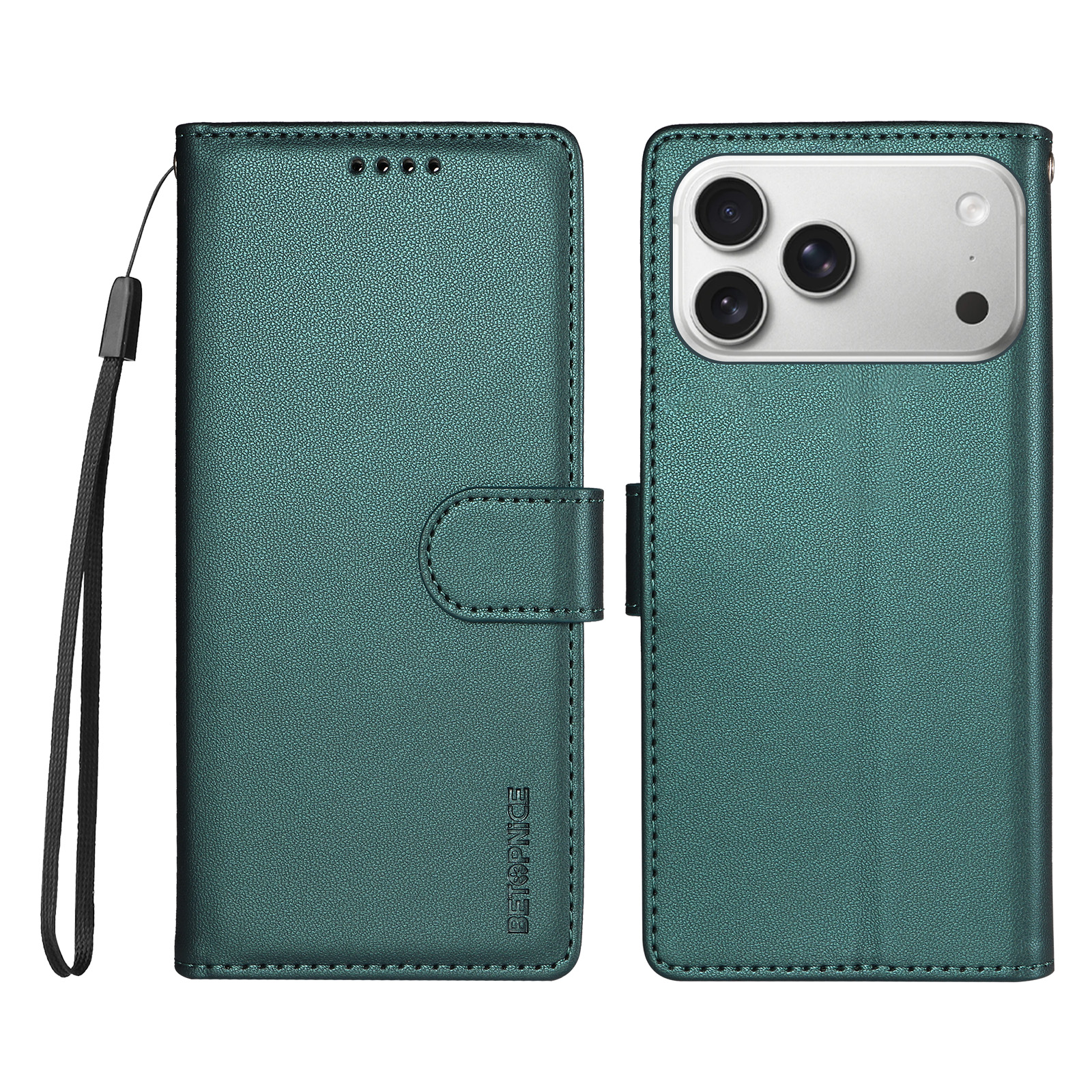 BETOPNICE for iPhone 18 Pro Max / iPhone 17 Pro Max 006 Case RFID Blocking Wallet Stand Leather Phone Cover with Wrist Strap - Green