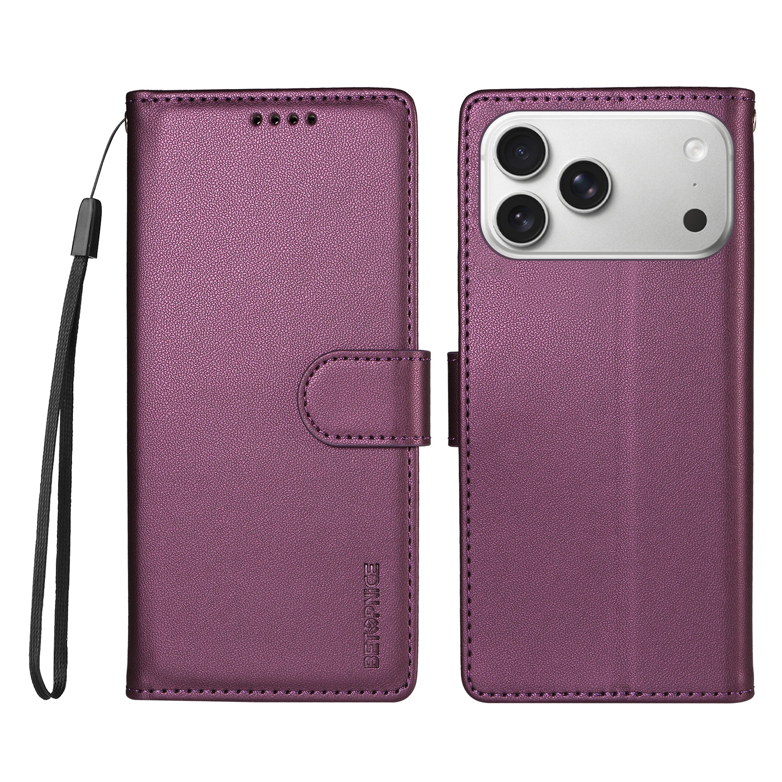 BETOPNICE for iPhone 18 Pro Max / iPhone 17 Pro Max 006 Case RFID Blocking Wallet Stand Leather Phone Cover with Wrist Strap - Purple