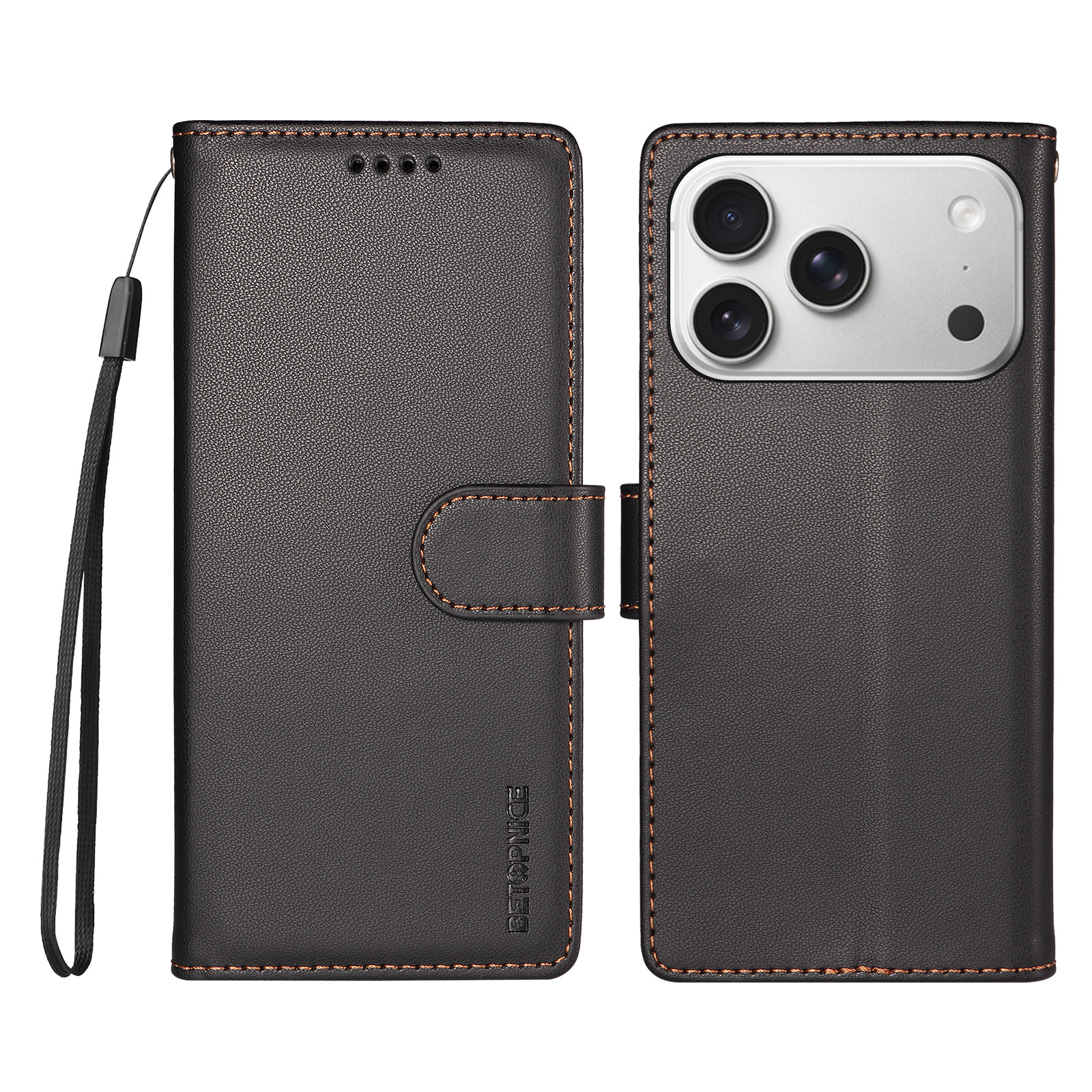 BETOPNICE for iPhone 18 Pro / iPhone 17 Pro 006 Case RFID Blocking Wallet Stand Leather Phone Cover with Wrist Strap - Black