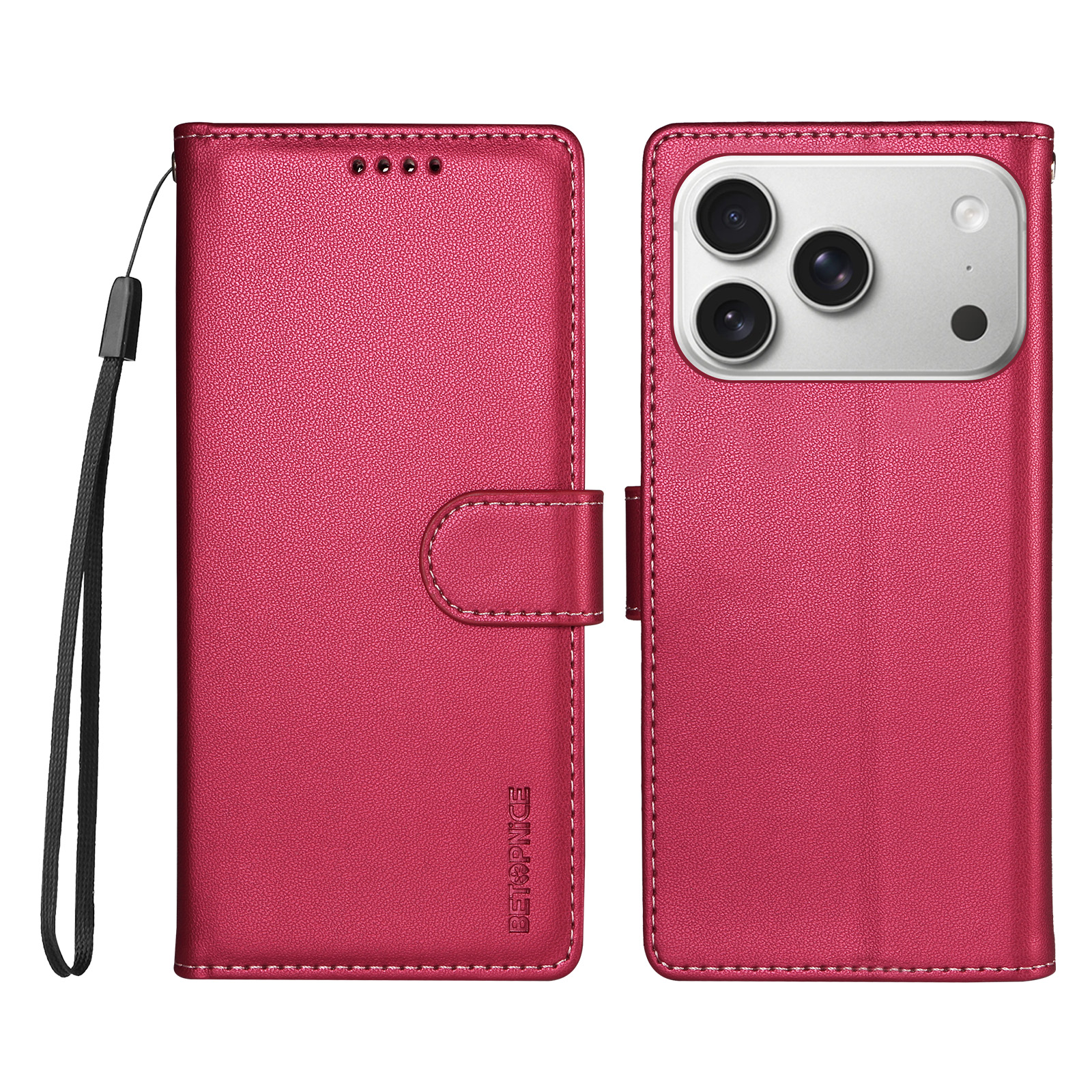 BETOPNICE for iPhone 18 Pro / iPhone 17 Pro 006 Case RFID Blocking Wallet Stand Leather Phone Cover with Wrist Strap - Rose