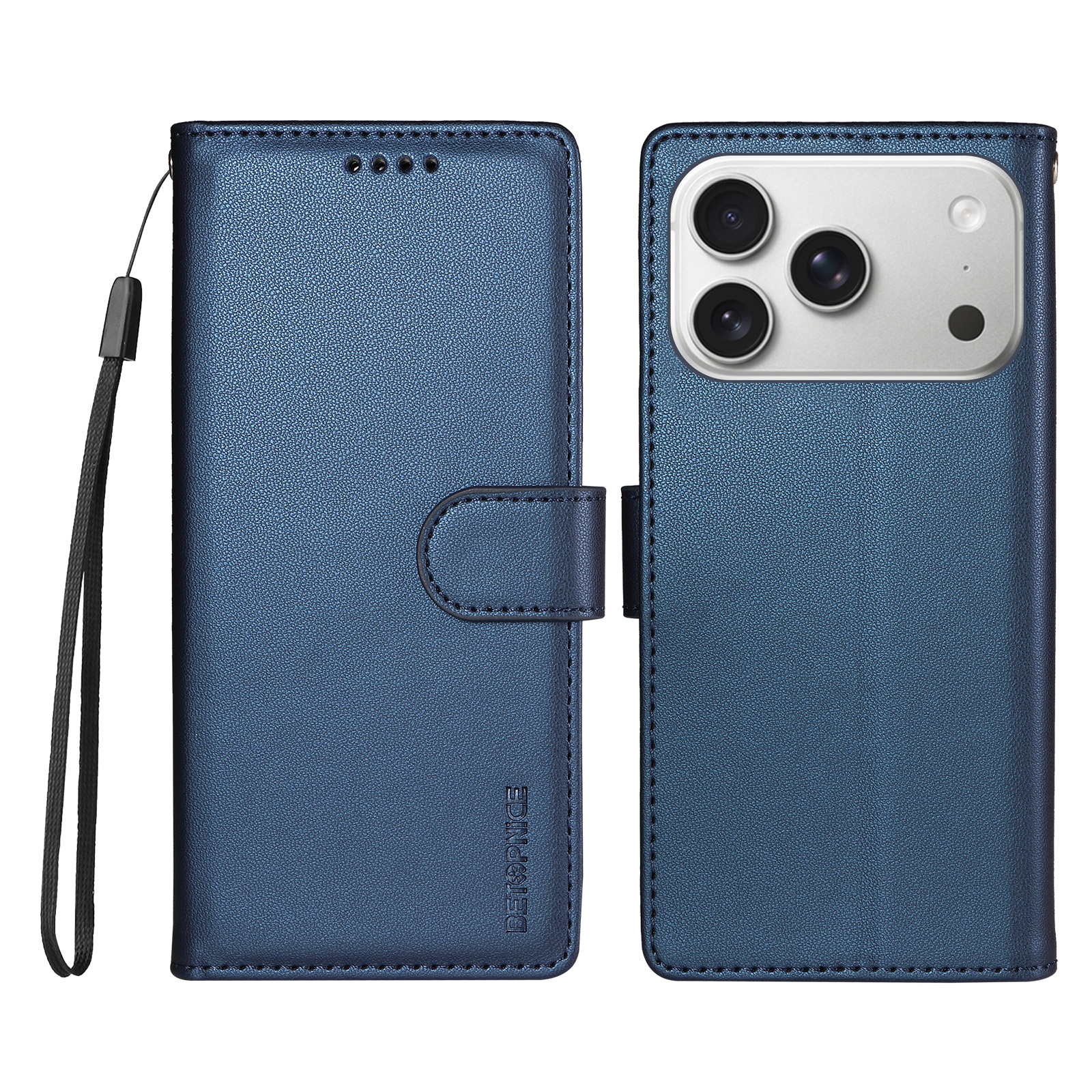 BETOPNICE for iPhone 18 Pro / iPhone 17 Pro 006 Case RFID Blocking Wallet Stand Leather Phone Cover with Wrist Strap - Blue