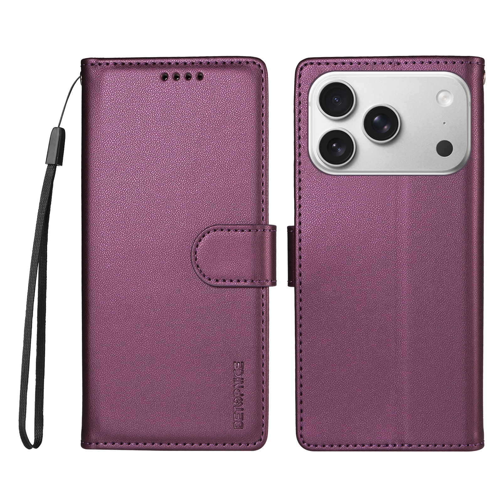 BETOPNICE for iPhone 18 Pro / iPhone 17 Pro 006 Case RFID Blocking Wallet Stand Leather Phone Cover with Wrist Strap - Purple