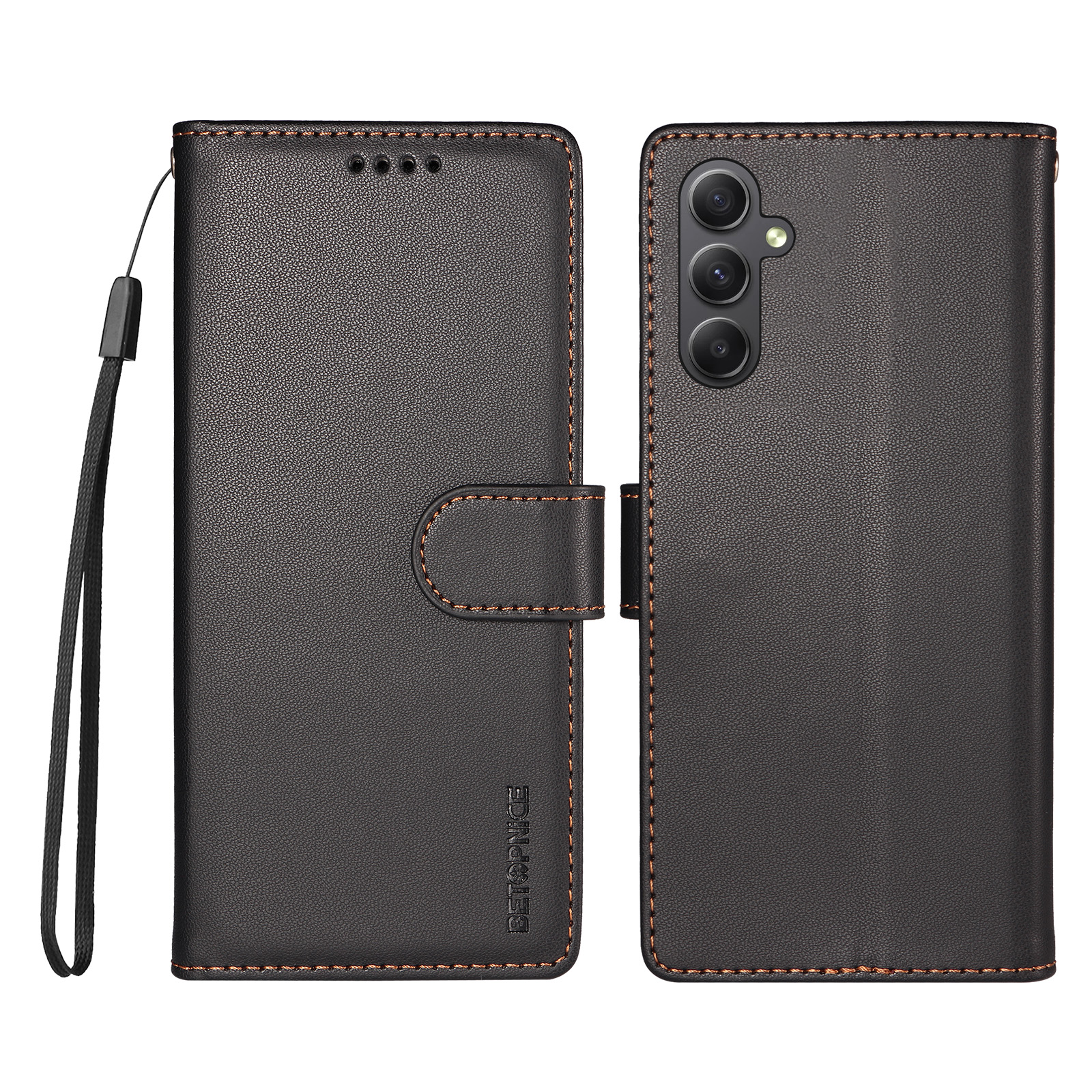 BETOPNICE for Samsung Galaxy A34 5G 006 Case RFID Blocking Wallet Stand Leather Phone Cover with Wrist Strap - Black