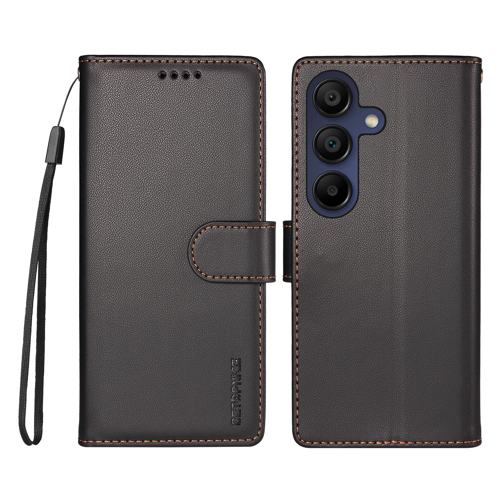 BETOPNICE for Samsung Galaxy A15 5G / Galaxy A15 4G 006 Case RFID Blocking Wallet Stand Leather Phone Cover with Wrist Strap - Black