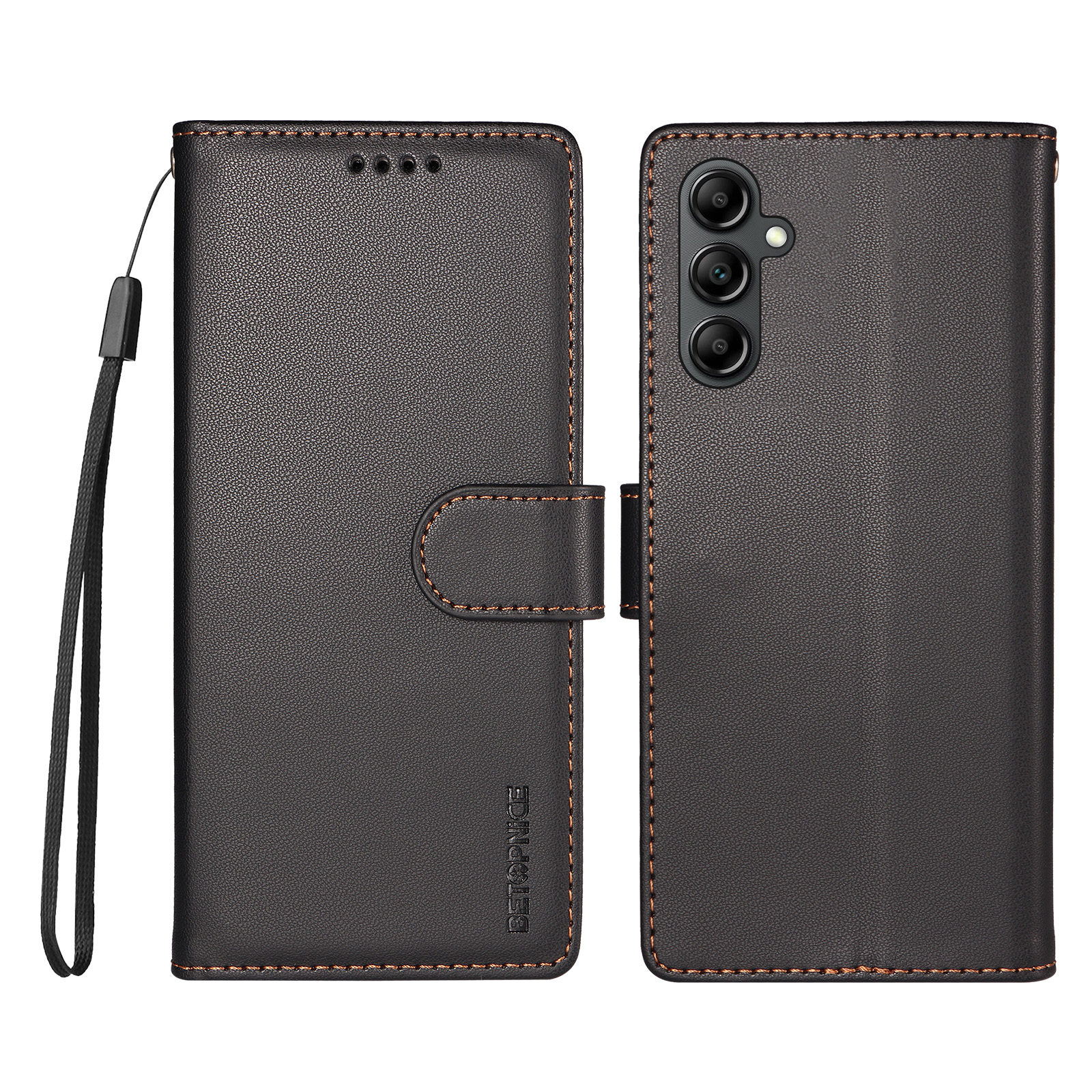 BETOPNICE for Samsung Galaxy A14 4G / Galaxy A14 5G 006 Case RFID Blocking Wallet Stand Leather Phone Cover with Wrist Strap - Black