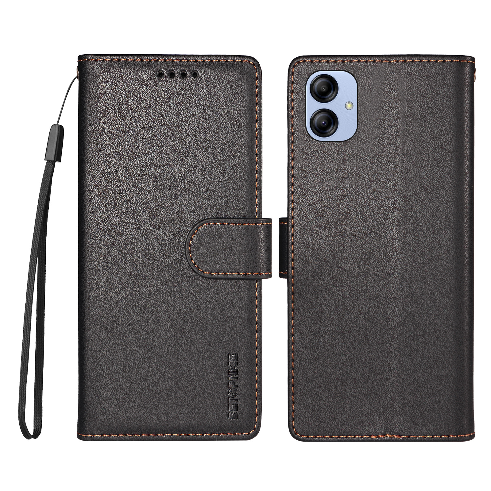 BETOPNICE for Samsung Galaxy F04 4G / Galaxy A04e 4G 006 Case RFID Blocking Wallet Stand Leather Phone Cover with Wrist Strap - Black