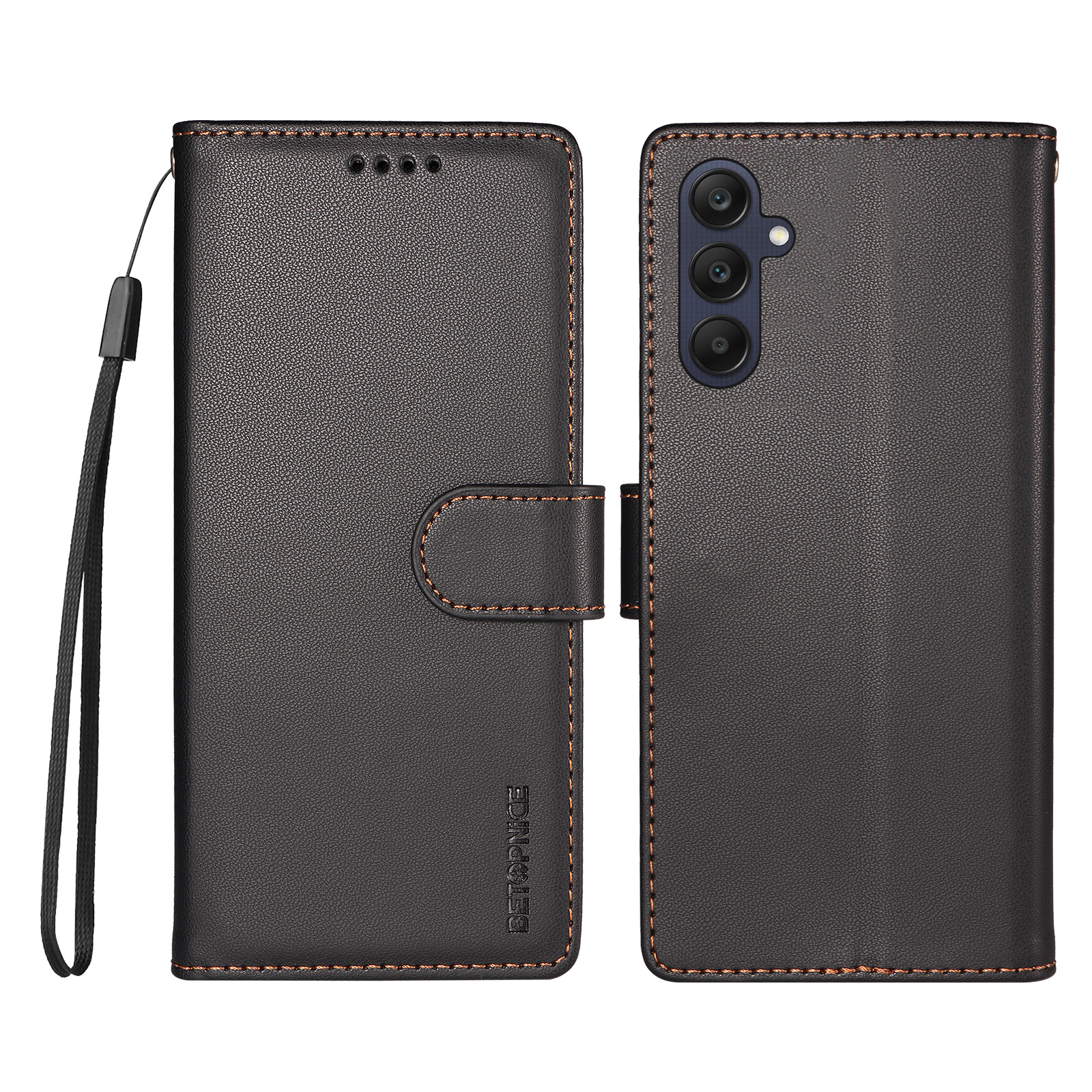 BETOPNICE for Samsung Galaxy A25 5G (Global) (161mm) 006 Case RFID Blocking Wallet Stand Leather Phone Cover with Wrist Strap - Black