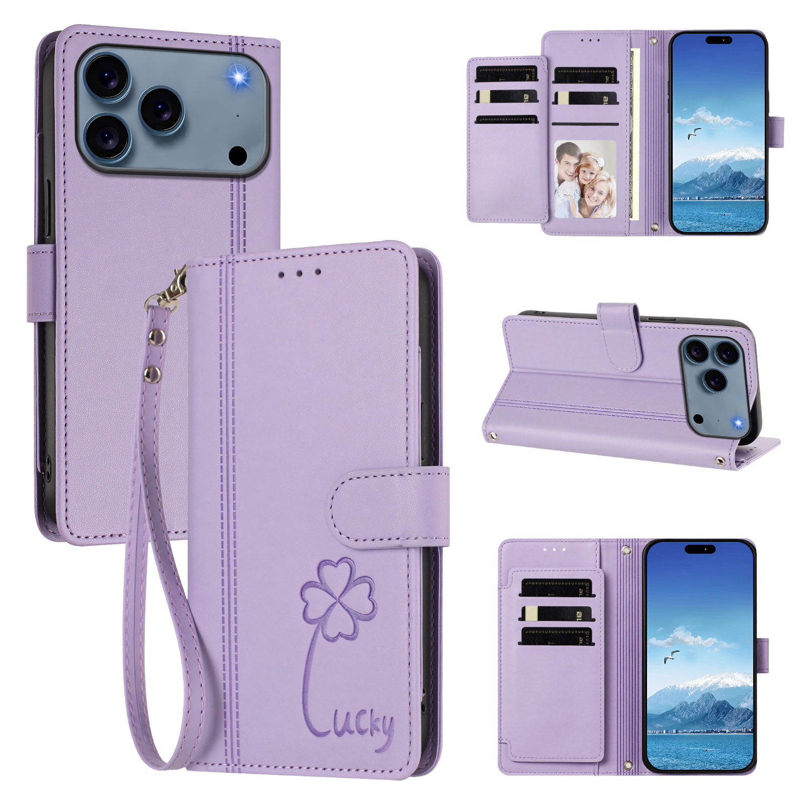 For iPhone 17 Pro / iPhone 18 Pro Wallet Case 9 Card Slots Lucky Clover Imprint Leather Phone Cover with Wrist Strap - Light Purple