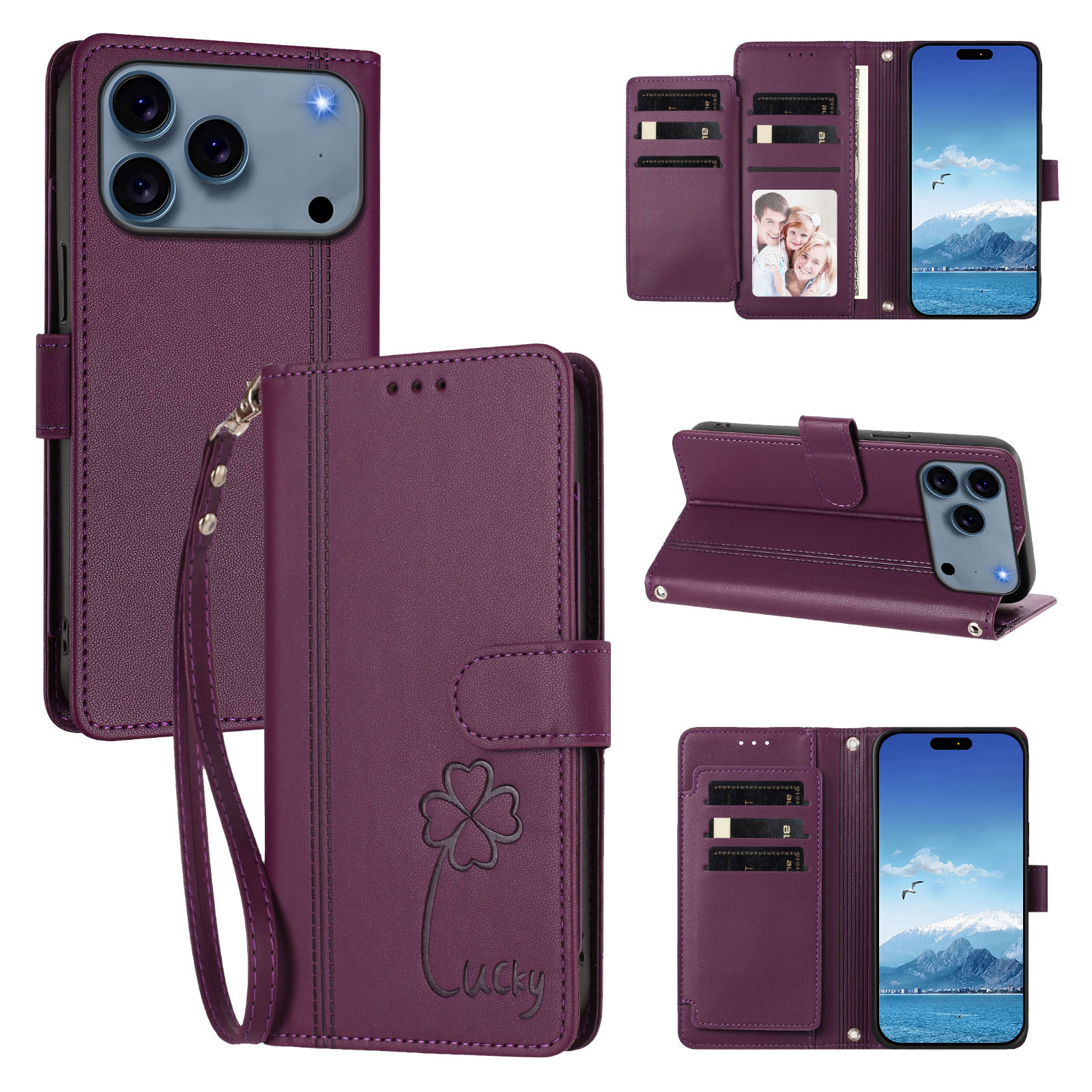 For iPhone 17 Pro / iPhone 18 Pro Wallet Case 9 Card Slots Lucky Clover Imprint Leather Phone Cover with Wrist Strap - Violet