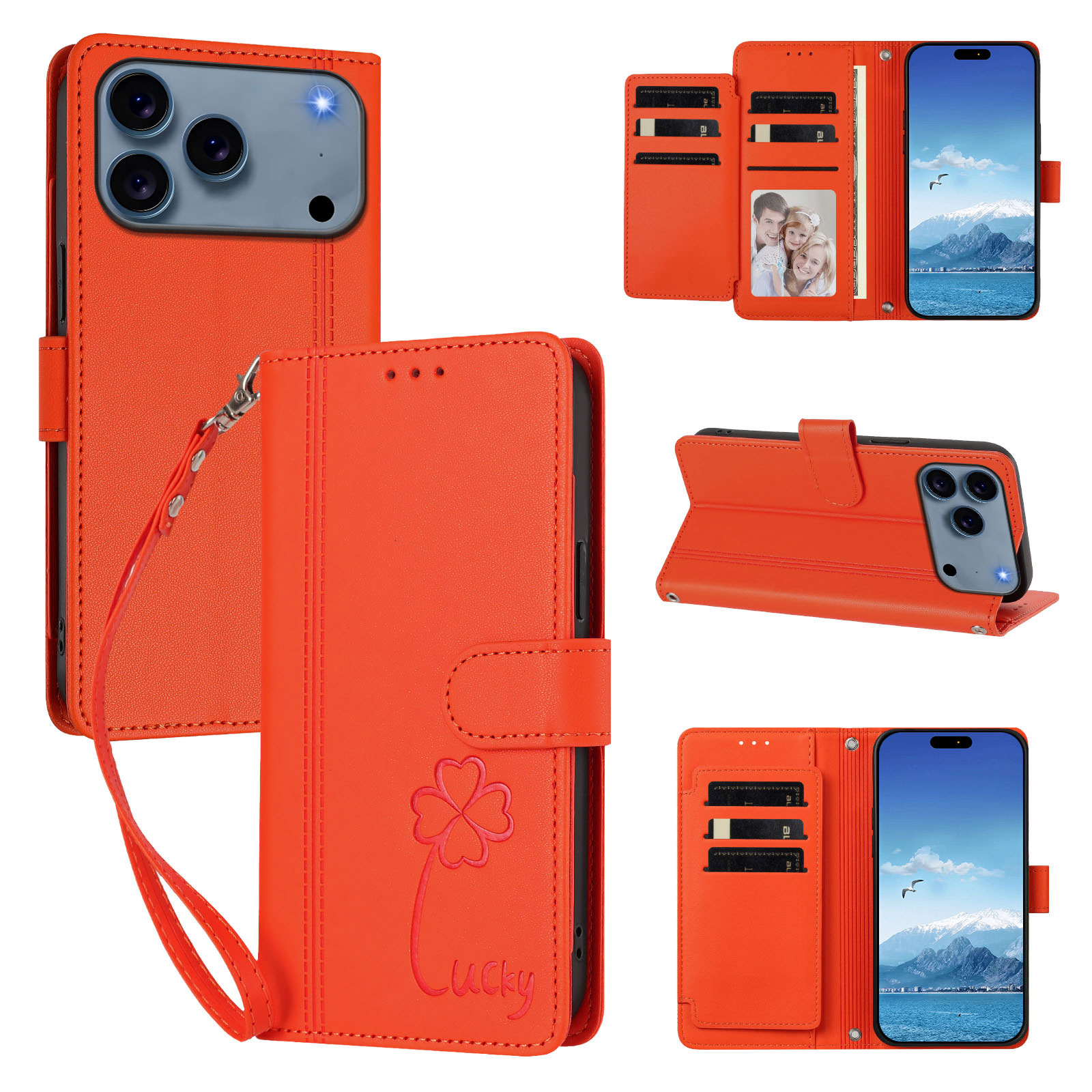 For iPhone 17 Pro / iPhone 18 Pro Wallet Case 9 Card Slots Lucky Clover Imprint Leather Phone Cover with Wrist Strap - Orange