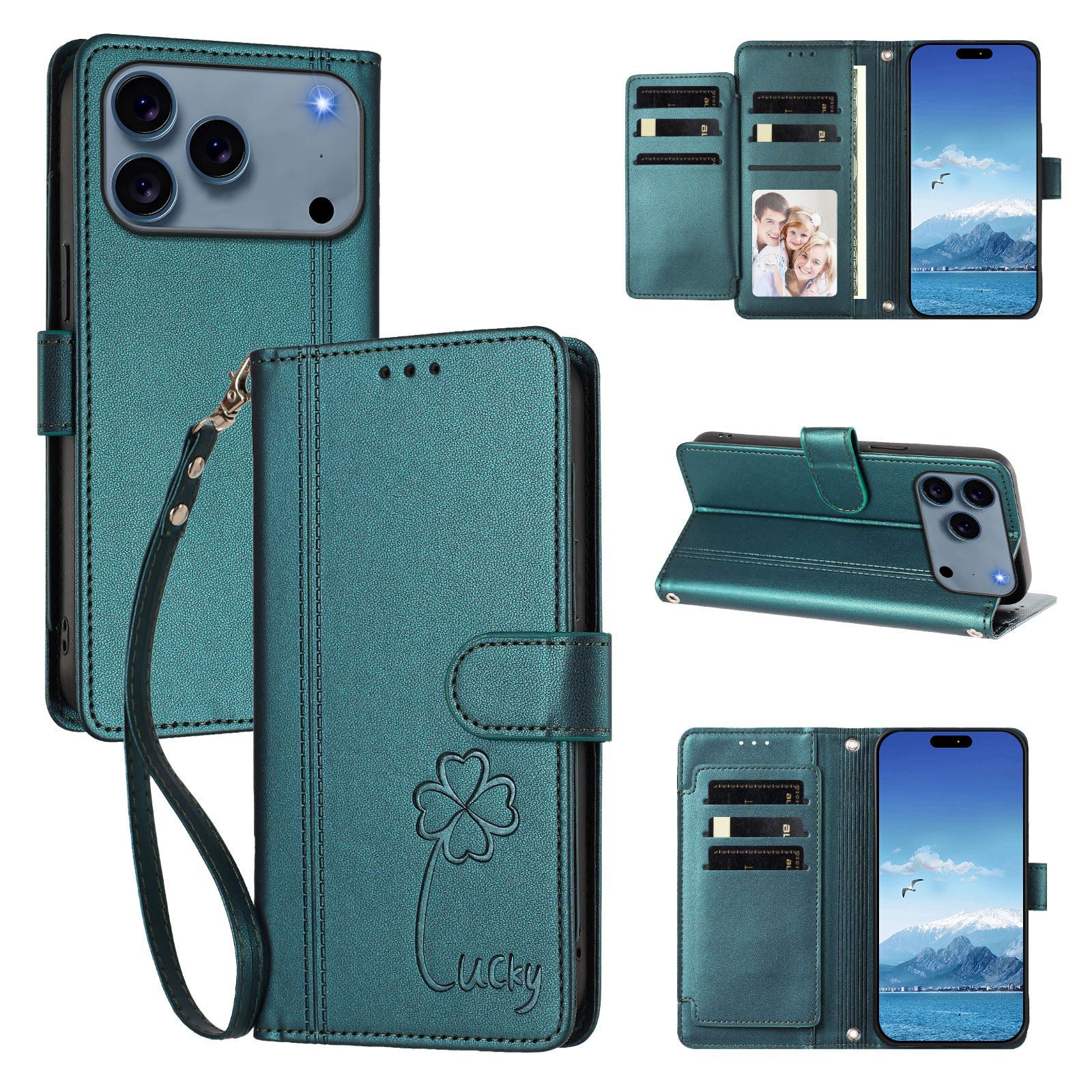 For iPhone 17 Pro / iPhone 18 Pro Wallet Case 9 Card Slots Lucky Clover Imprint Leather Phone Cover with Wrist Strap - Dark Green