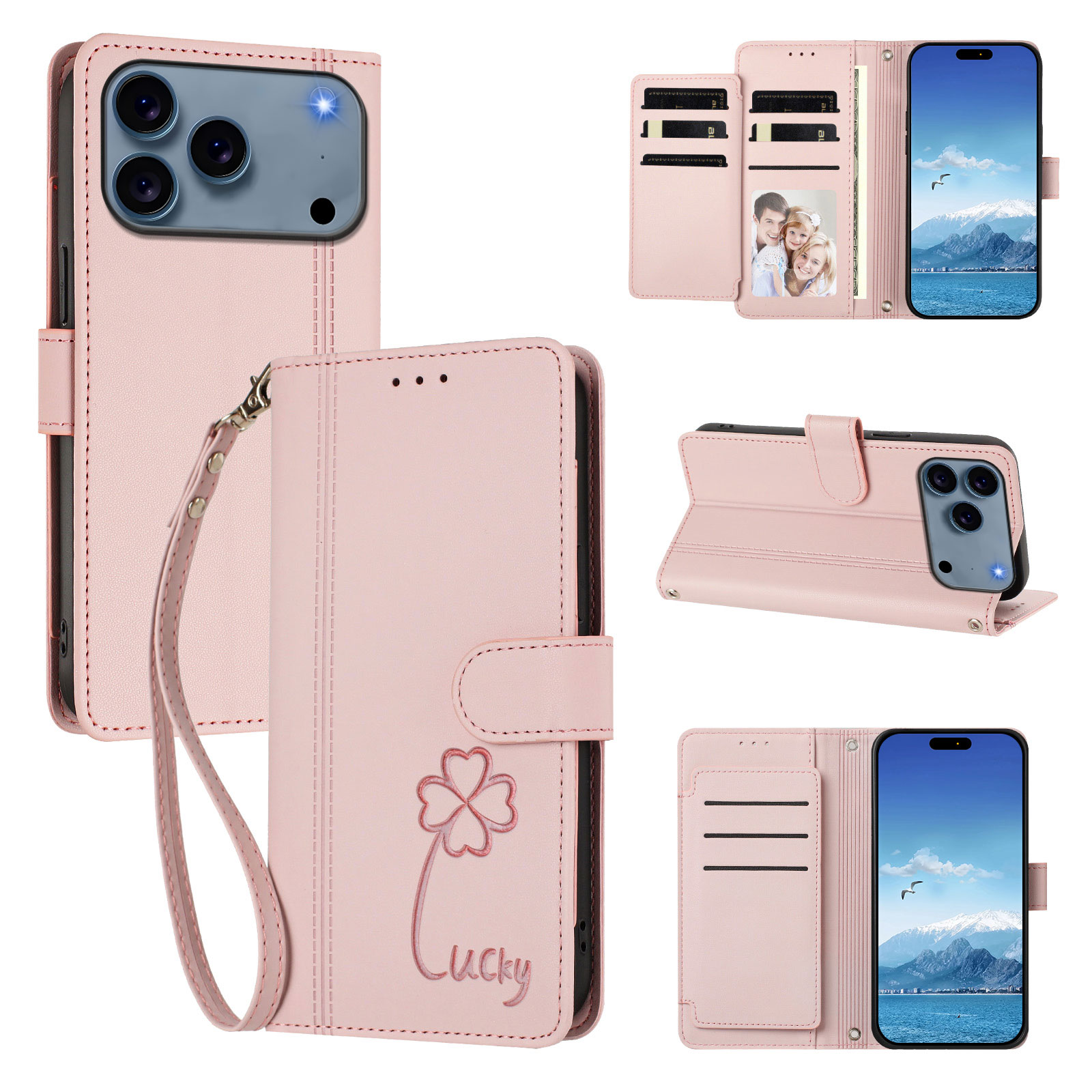 For iPhone 17 Pro / iPhone 18 Pro Wallet Case 9 Card Slots Lucky Clover Imprint Leather Phone Cover with Wrist Strap - Pink