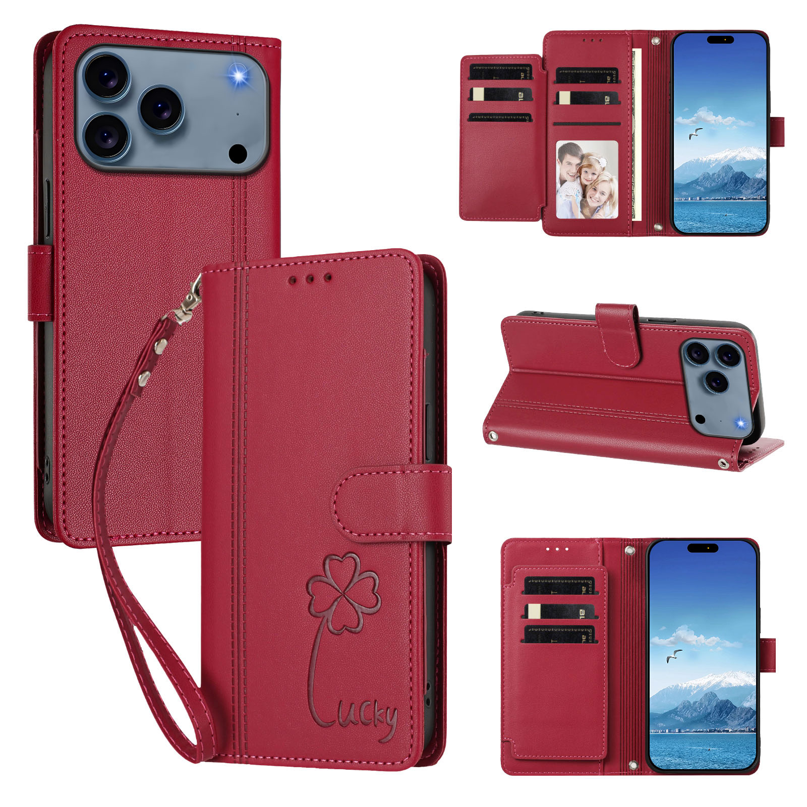 For iPhone 17 Pro / iPhone 18 Pro Wallet Case 9 Card Slots Lucky Clover Imprint Leather Phone Cover with Wrist Strap - Red