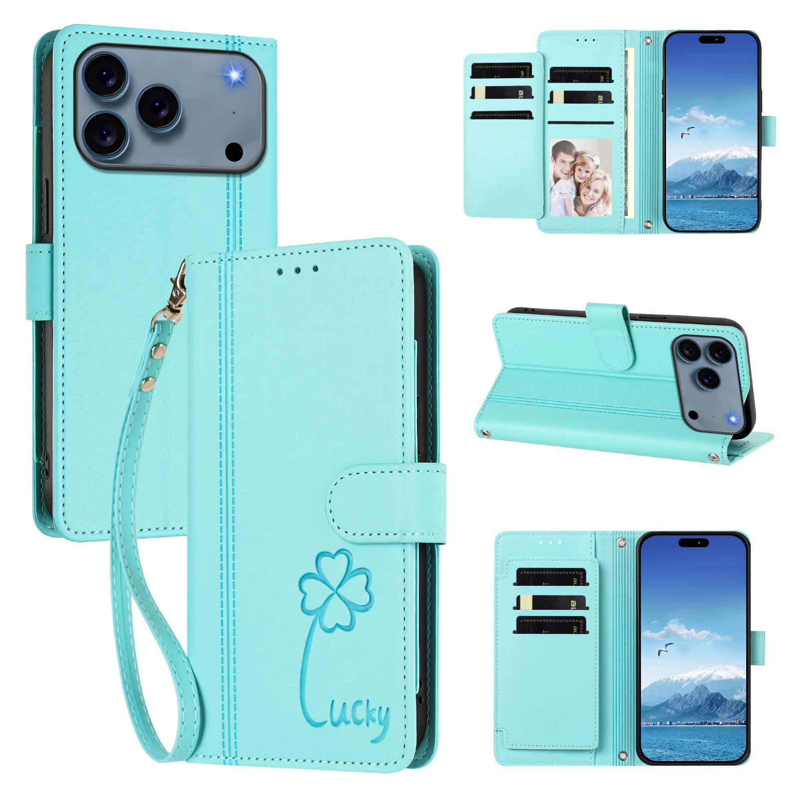 For iPhone 17 Pro / iPhone 18 Pro Wallet Case 9 Card Slots Lucky Clover Imprint Leather Phone Cover with Wrist Strap - Mint Green