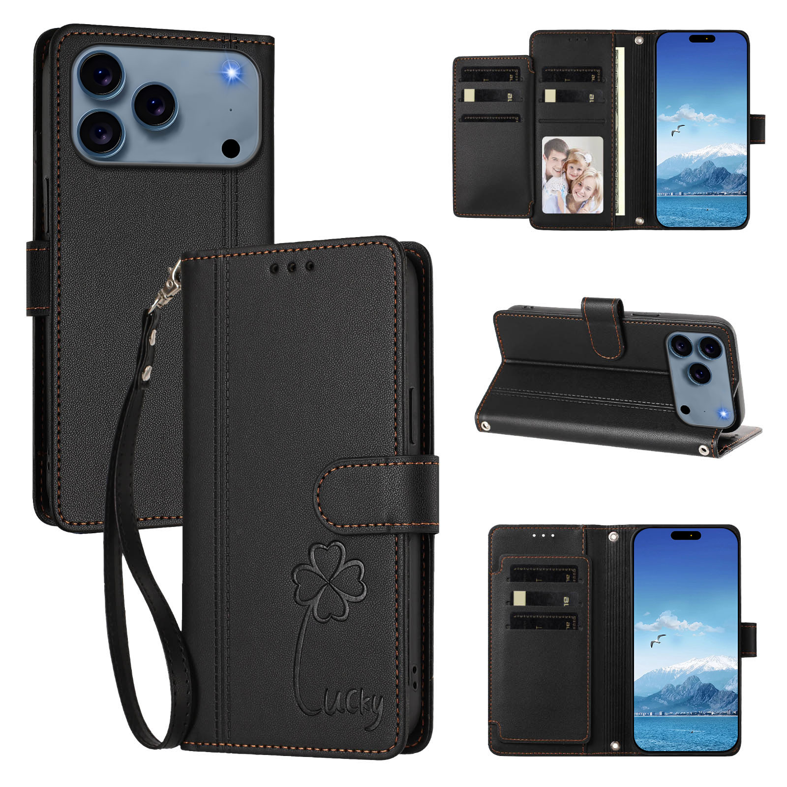For iPhone 17 Pro / iPhone 18 Pro Wallet Case 9 Card Slots Lucky Clover Imprint Leather Phone Cover with Wrist Strap - Black