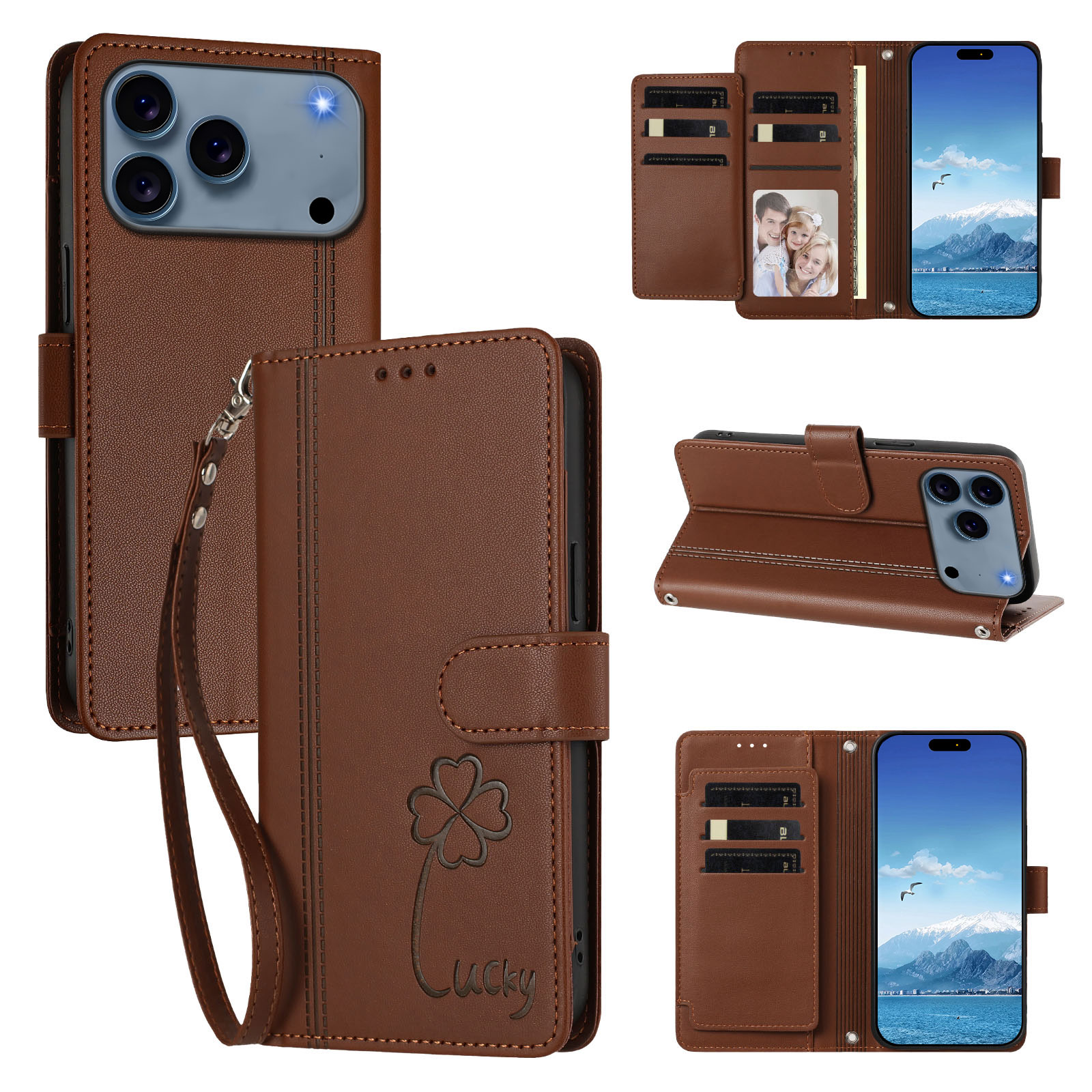 For iPhone 17 Pro / iPhone 18 Pro Wallet Case 9 Card Slots Lucky Clover Imprint Leather Phone Cover with Wrist Strap - Brown