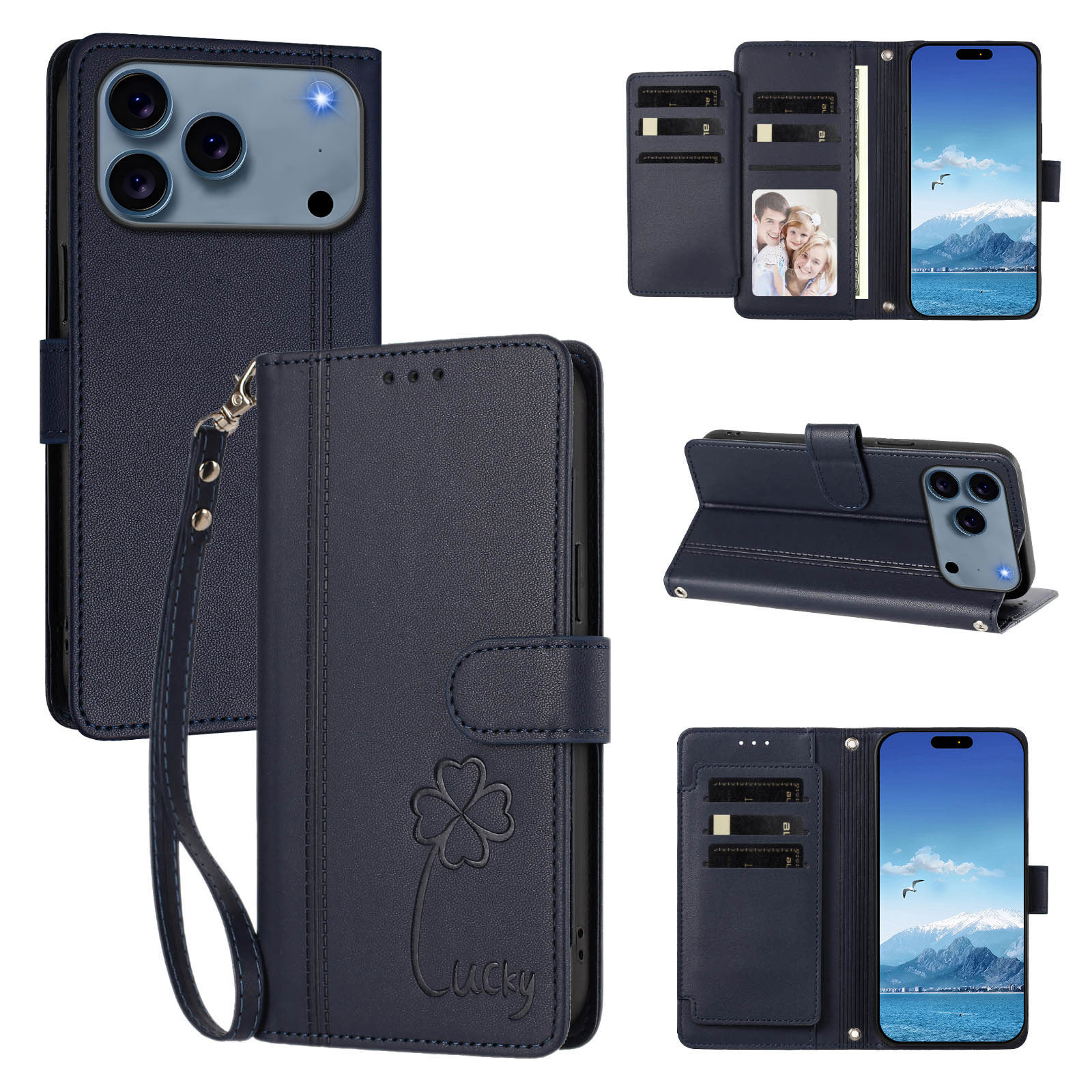 For iPhone 17 Pro / iPhone 18 Pro Wallet Case 9 Card Slots Lucky Clover Imprint Leather Phone Cover with Wrist Strap - Dark Blue