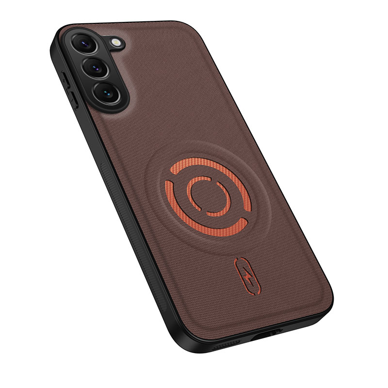 WANLONFENG for Samsung Galaxy S23+ KJB Series Magnetic Case Tech Fabric Texture PC+TPU Shockproof Phone Cover - Coffee