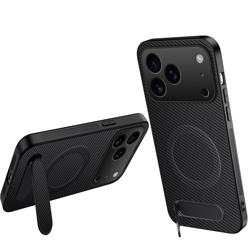 WANLONFENG for iPhone 18 Pro Max QT Series Magnetic Case Kickstand Carbon Fiber Texture PC TPU Phone Cover - Black