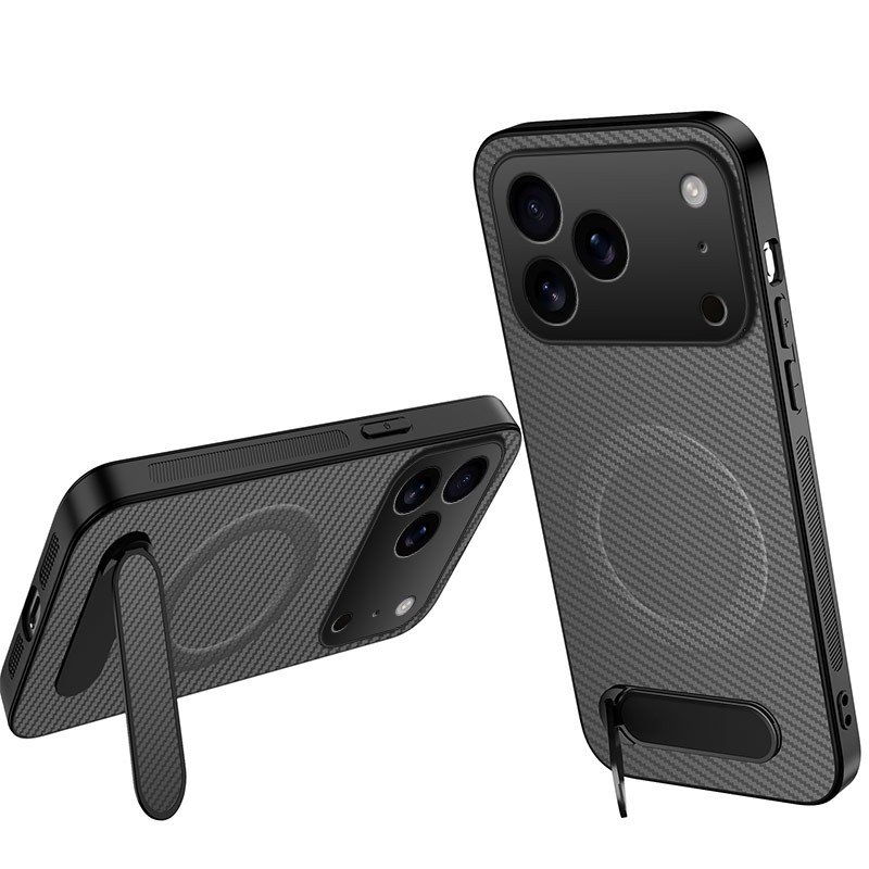 WANLONFENG for iPhone 18 Pro Max QT Series Magnetic Case Kickstand Carbon Fiber Texture PC TPU Phone Cover - Grey