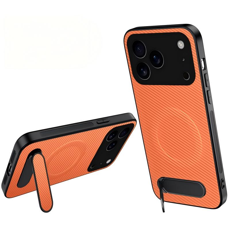 WANLONFENG for iPhone 18 Pro Max QT Series Magnetic Case Kickstand Carbon Fiber Texture PC TPU Phone Cover - Orange
