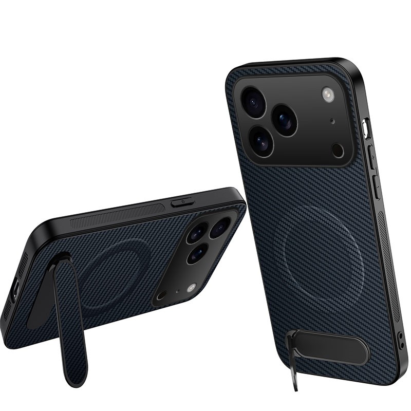 WANLONFENG for iPhone 18 Pro QT Series Magnetic Case Kickstand Carbon Fiber Texture PC TPU Phone Cover - Sapphire