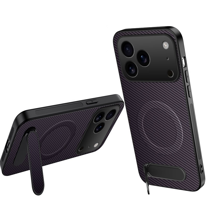 WANLONFENG for iPhone 18 Pro QT Series Magnetic Case Kickstand Carbon Fiber Texture PC TPU Phone Cover - Purple