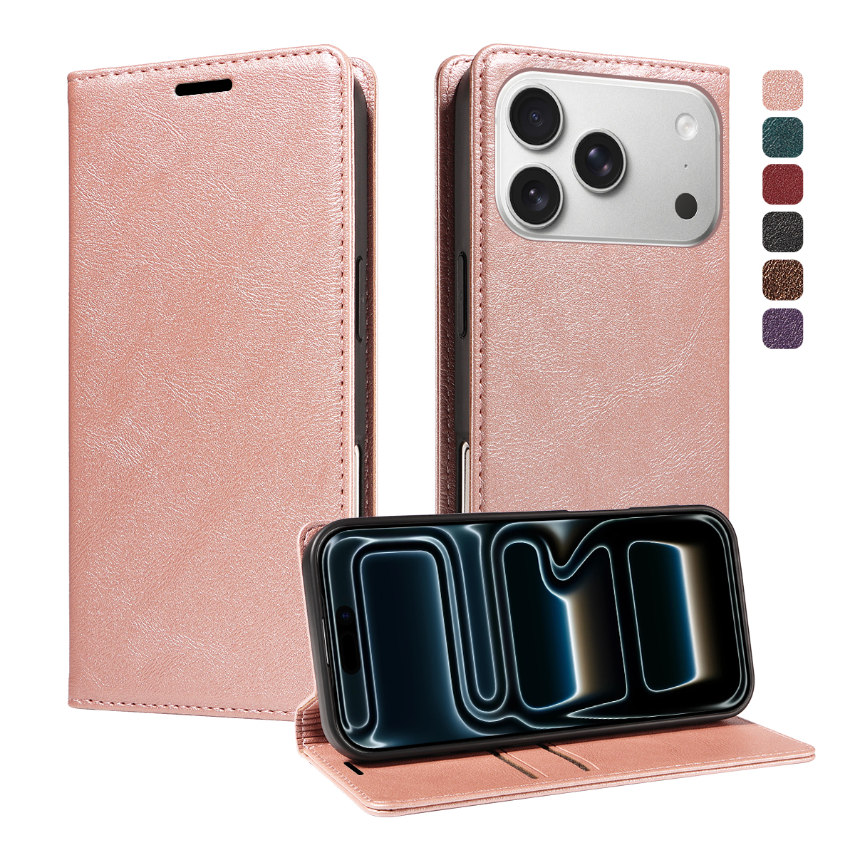 For iPhone 18 Pro / iPhone 17 Pro Wallet Case RFID Blocking Card Slots Stand Magnetic Closure Leather Phone Cover - Rose Gold